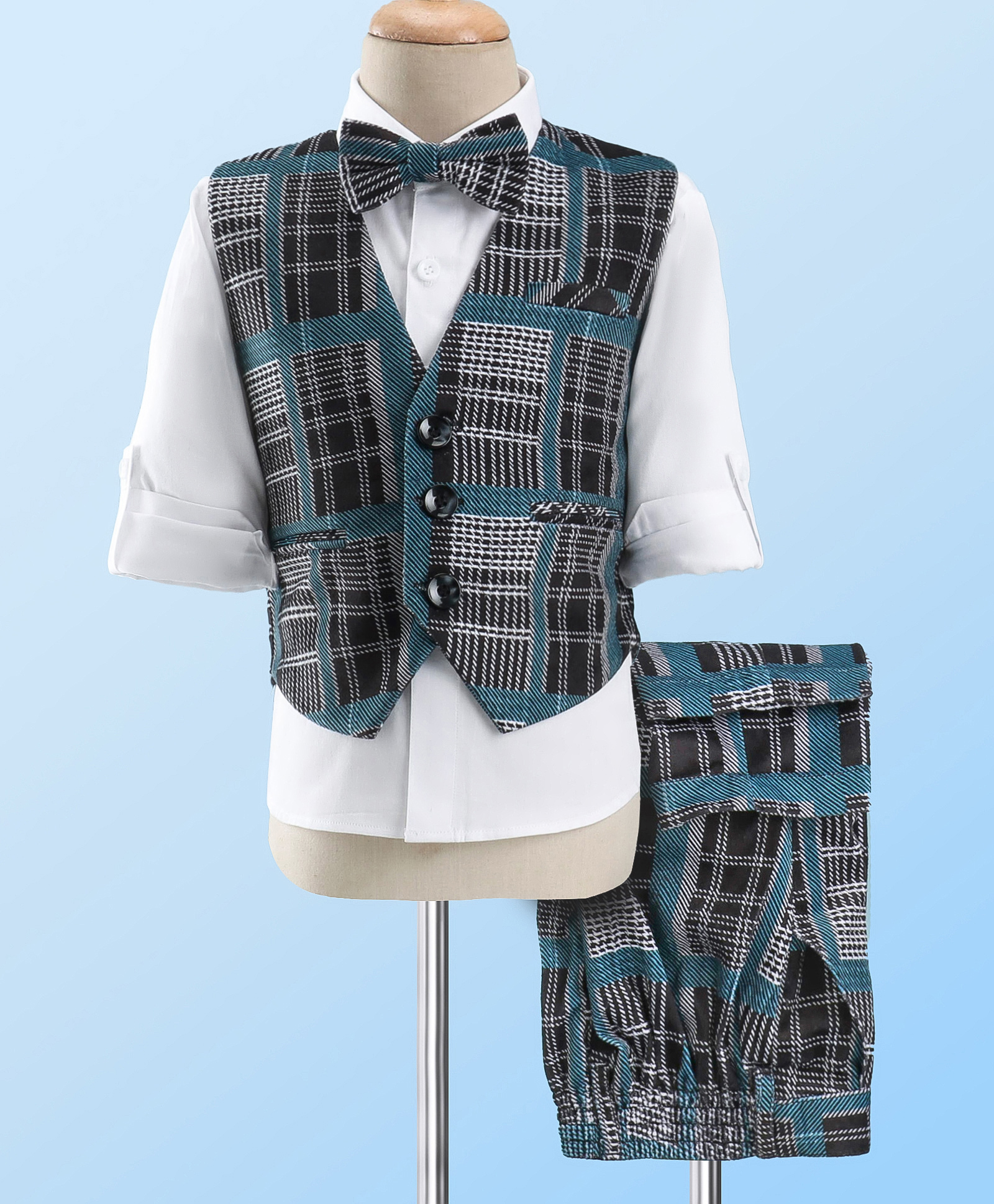 Robo Fry Full Sleeves Checkered Party Suit with Bow Tie - Multicolour-image-29