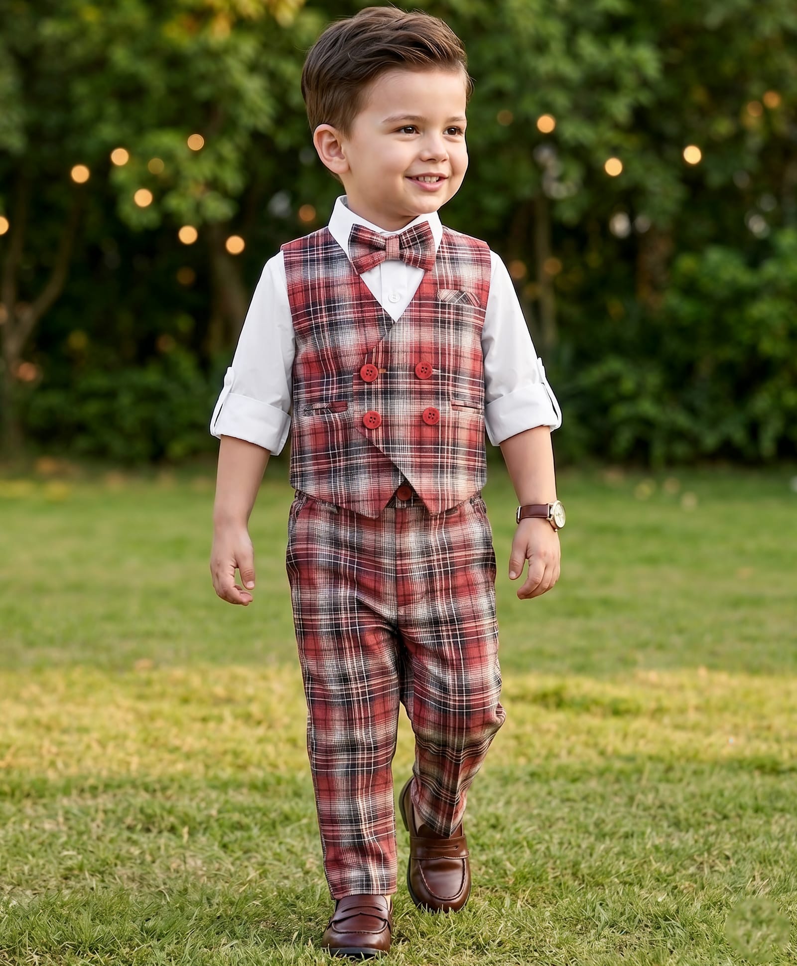 Robo Fry Cotton DC Full Sleeves Cord Party Suits With Bow Checkered - Red & White-picture-26