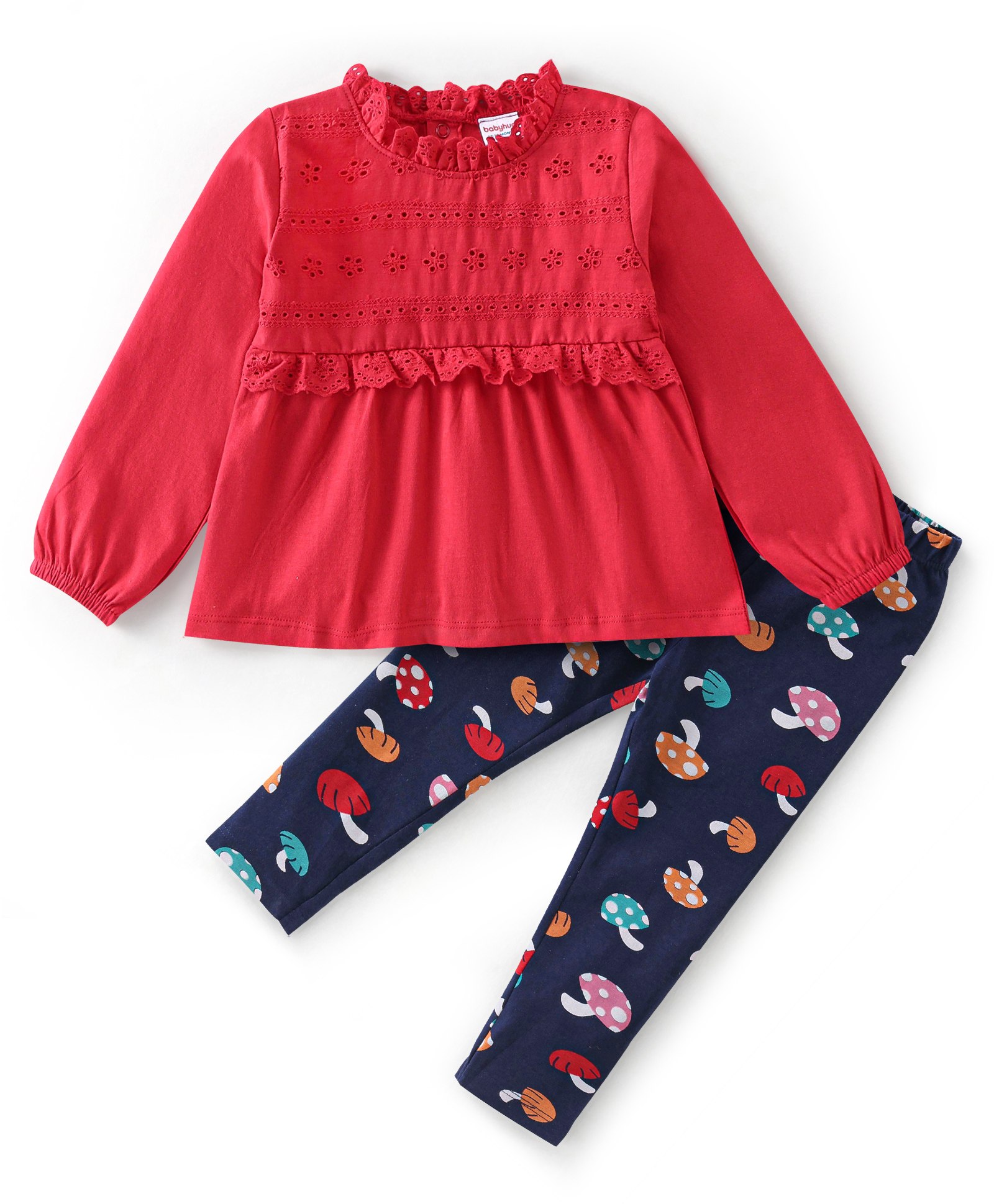Babyhug 100% Cotton Knit Full Sleeves Top & Leggings Set With Mushroom Print - Red & Navy Blue-image-49
