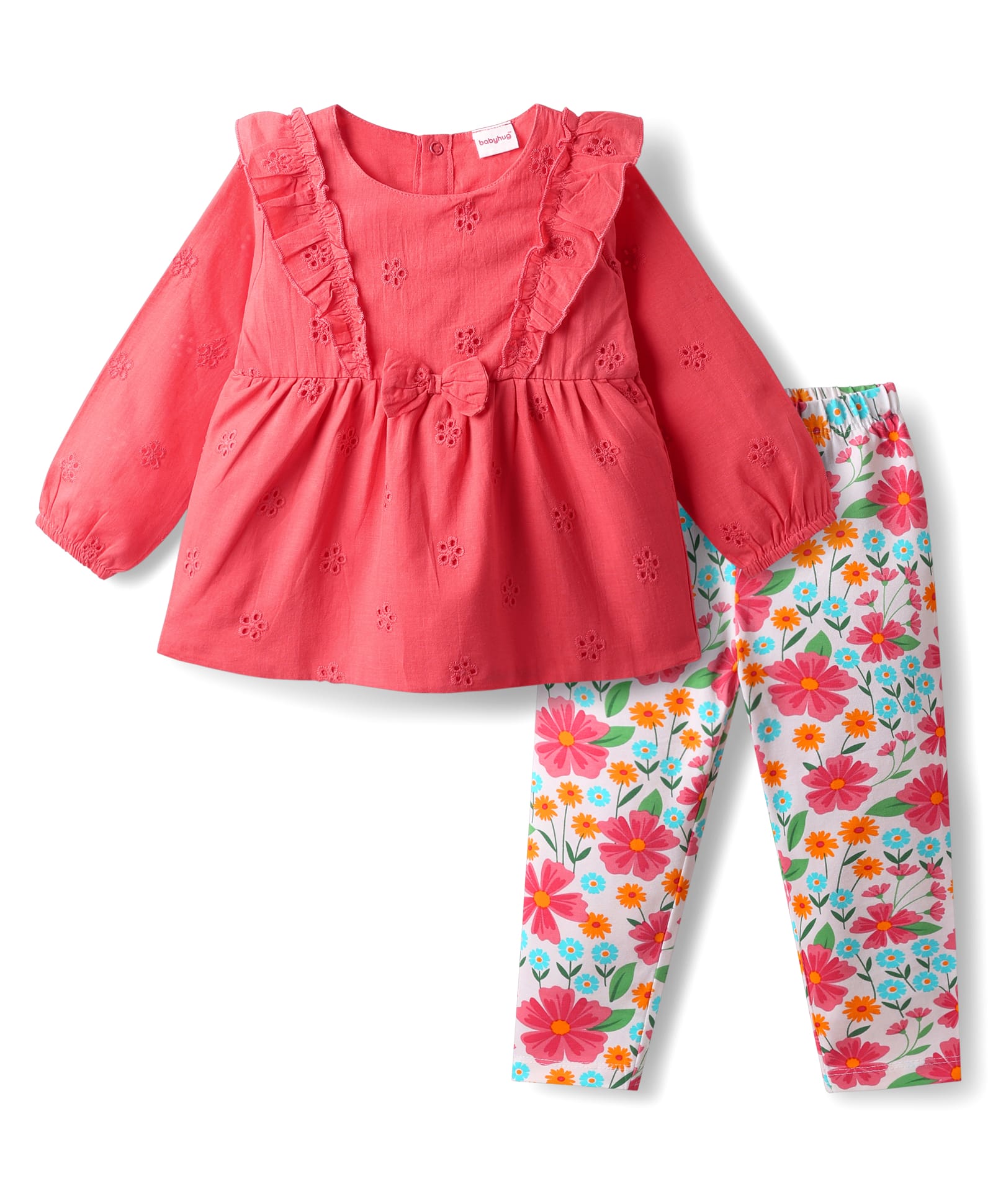 Babyhug 100% Cotton Full Sleeves Stiffly Top & Leggings With Floral Print - Red & White-picture-12