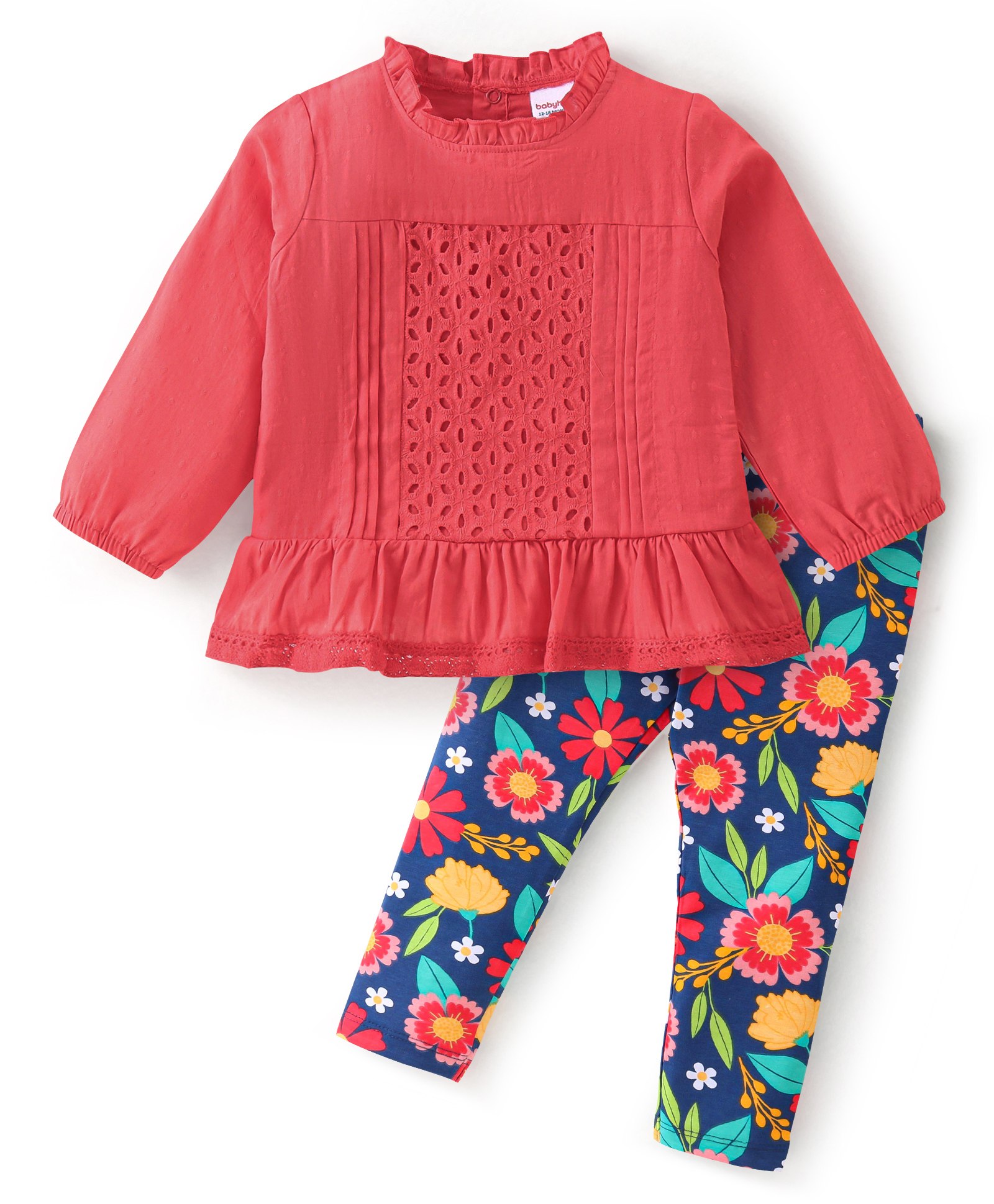 Babyhug Cotton Woven Full Sleeves Top & Pant Set with Floral Print - Red & Navy Blue-image-38