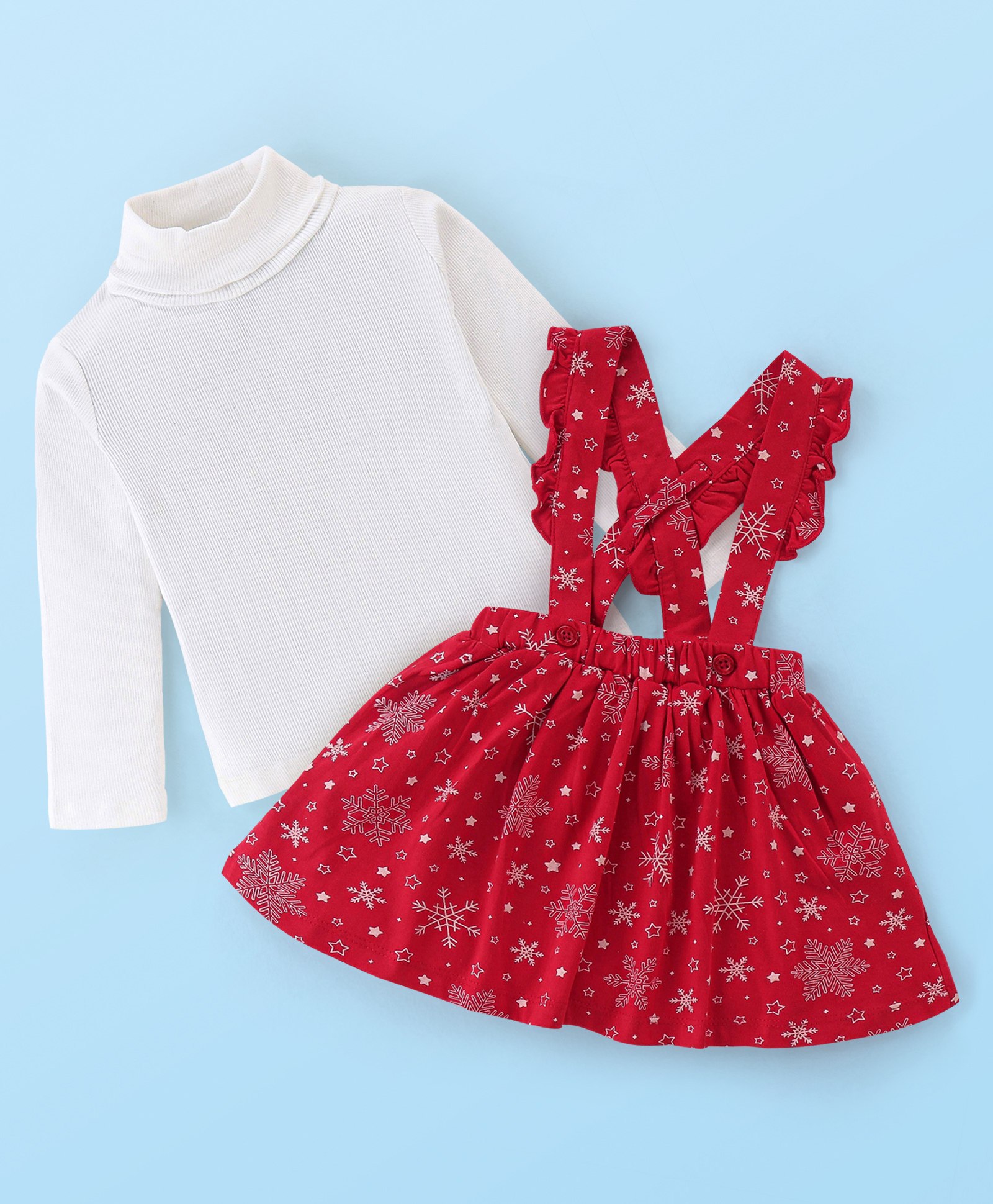 Babyhug Cotton Knit Full Sleeves Skivi Top and Skirt with Suspenders Snow Flake Print - White & Red-image-45