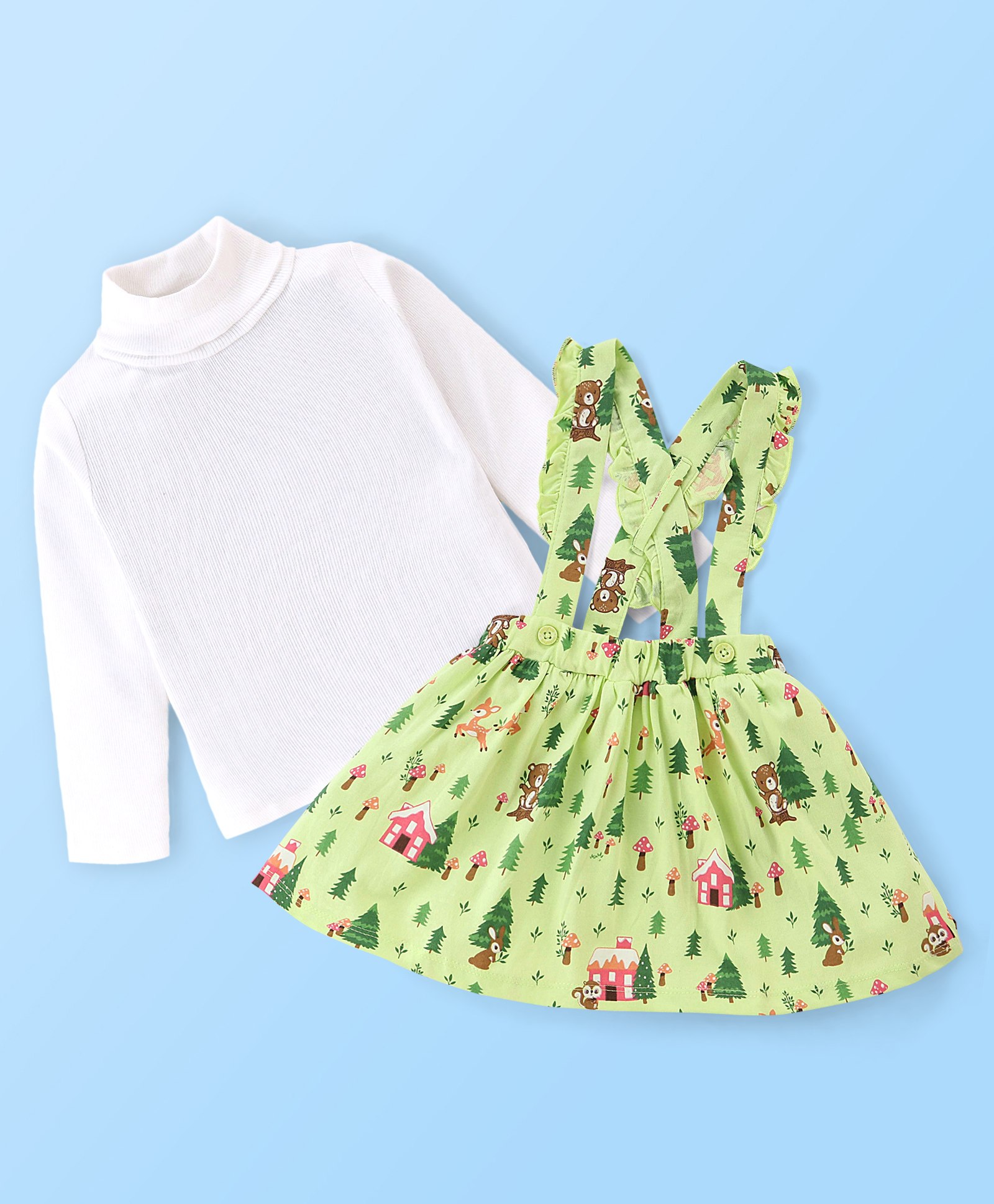 Babyhug Cotton Knit Full Sleeves Top & Skirt Set with Suspenders Nature Print - Off White & Green-image-27