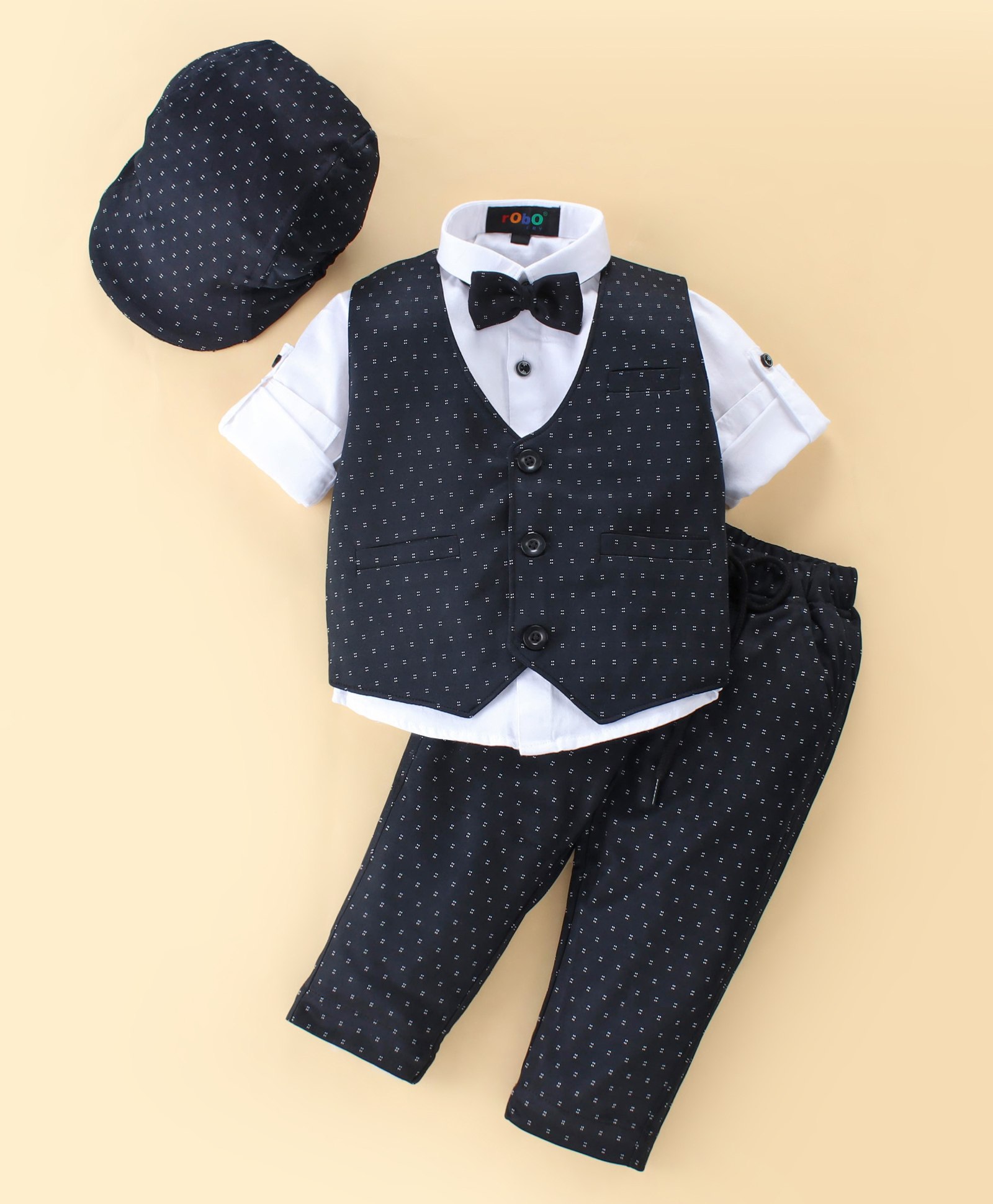 Robo Fry Knit to Woven Full Sleeves Three Piece Party Suit with Bow & Hat Polka Dot Print - Black-image-8