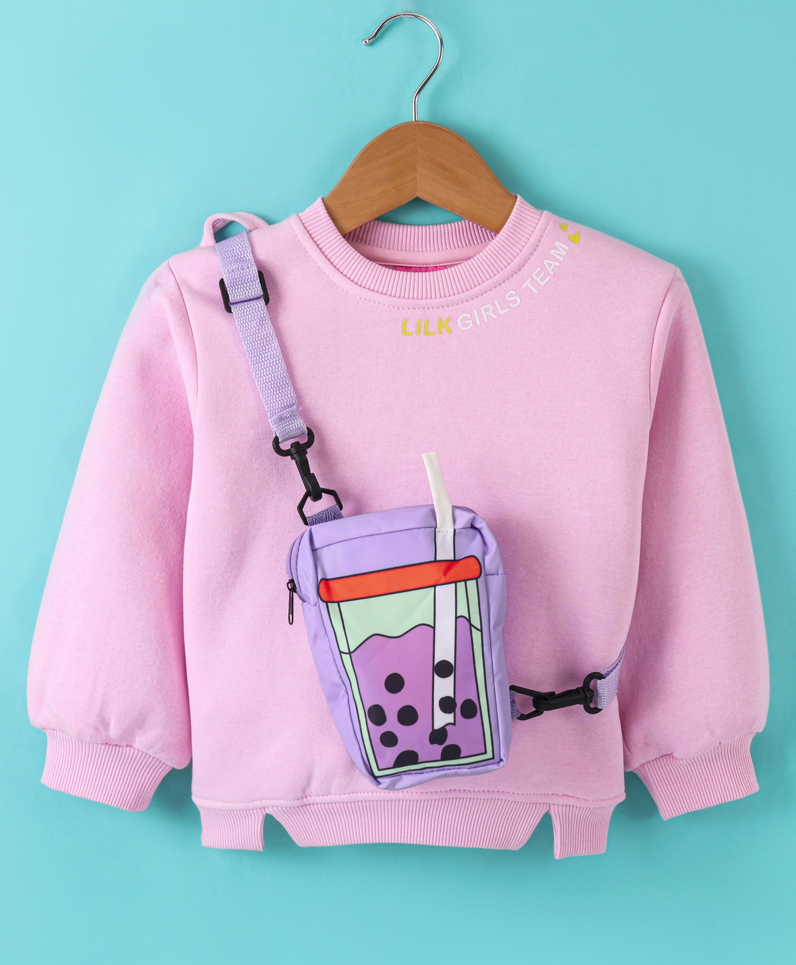 Little Kangaroos Full Sleeves Drop Shoulder Sweatshirt with Sling Bag with Text Print - Pink-image-29