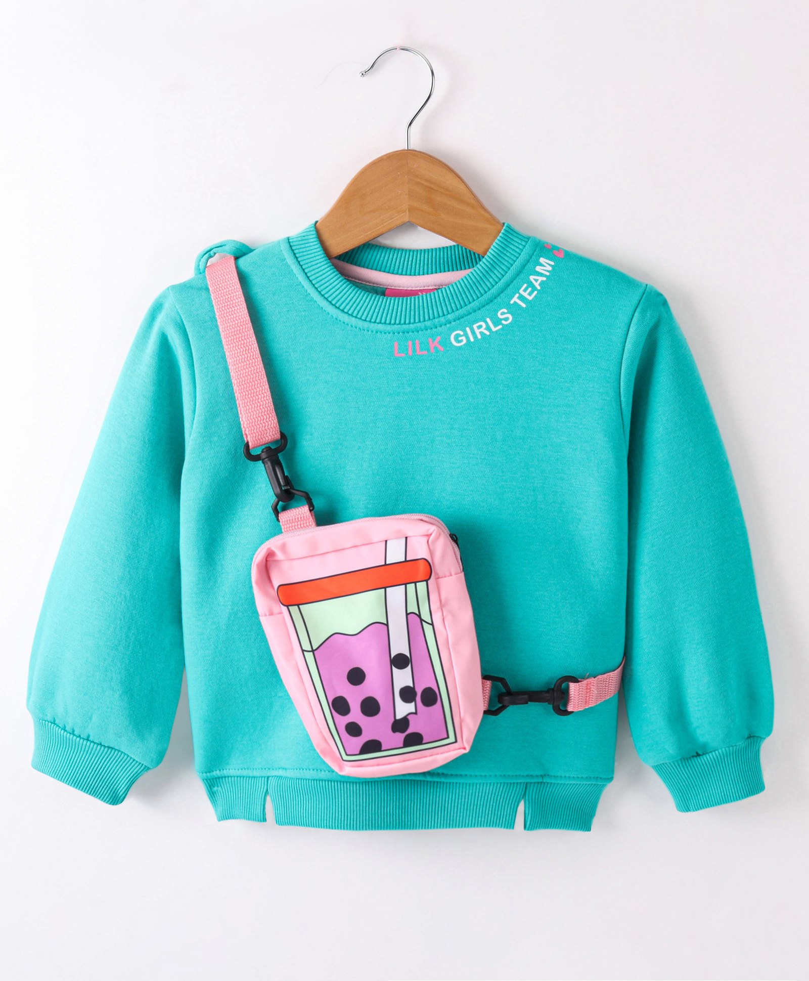 Little Kangaroos Full Sleeves Drop Shoulder Sweatshirt with Sling Bag with Text Print - Green-image-17