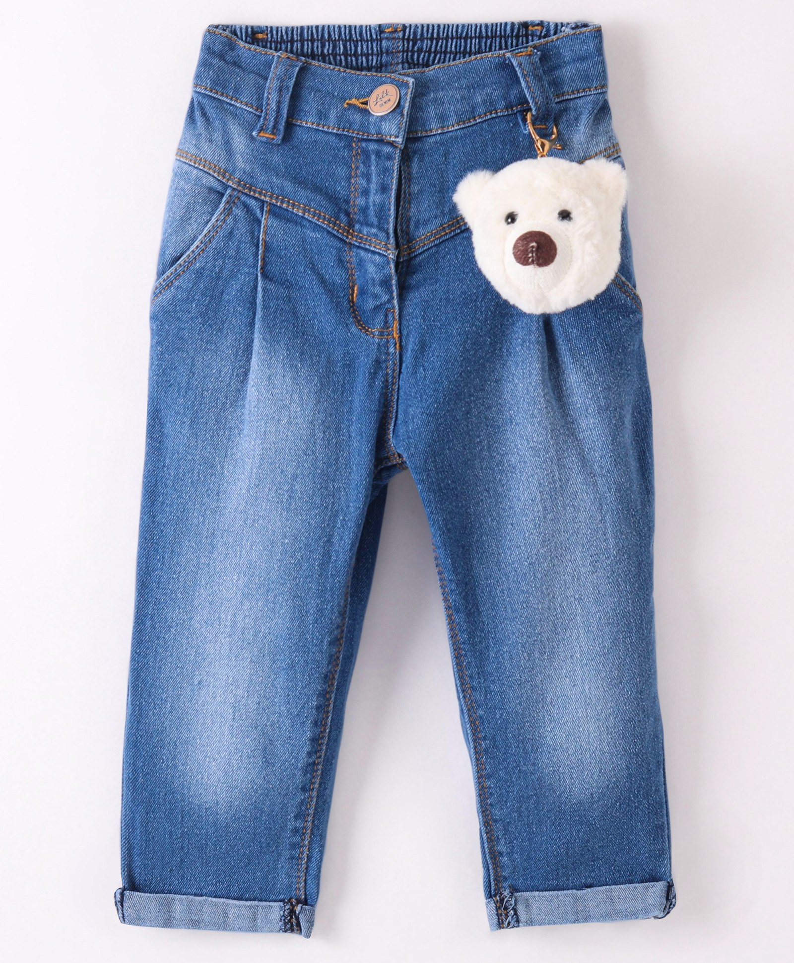 Little Kangaroos Denim Full Length Solid Jeans With Bear Applique- Blue-picture-31