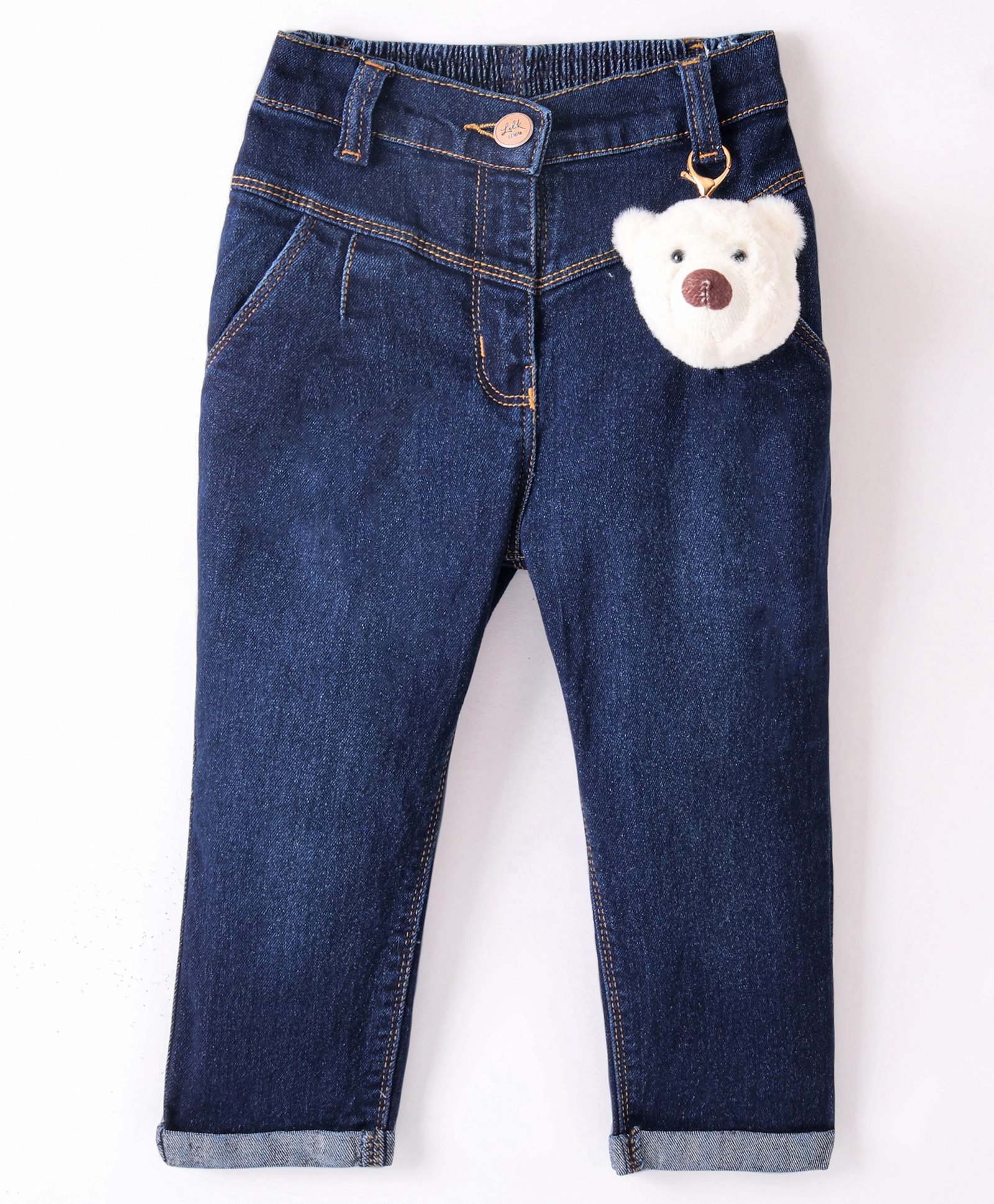 Little Kangaroos Denim Full Length Solid Jeans With Bear Applique- Dark Blue-picture-30
