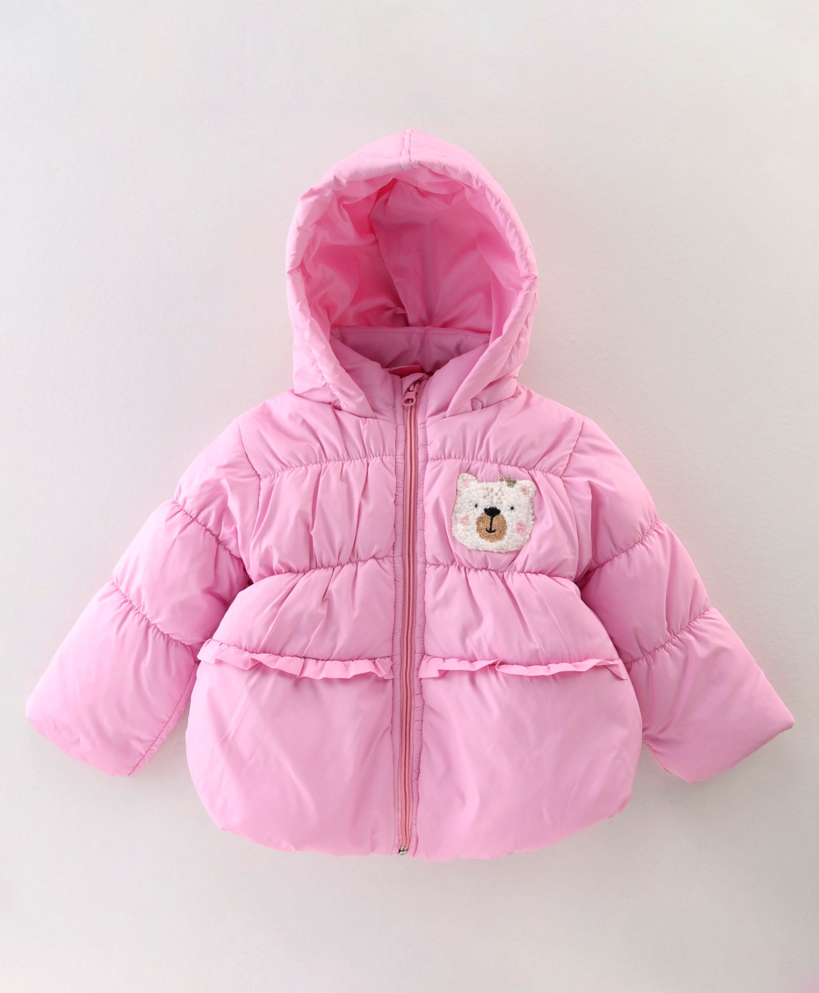Little Kangaroos Full Sleeves Quilted Winter Jacket with Bear Patch - Pink-picture-12