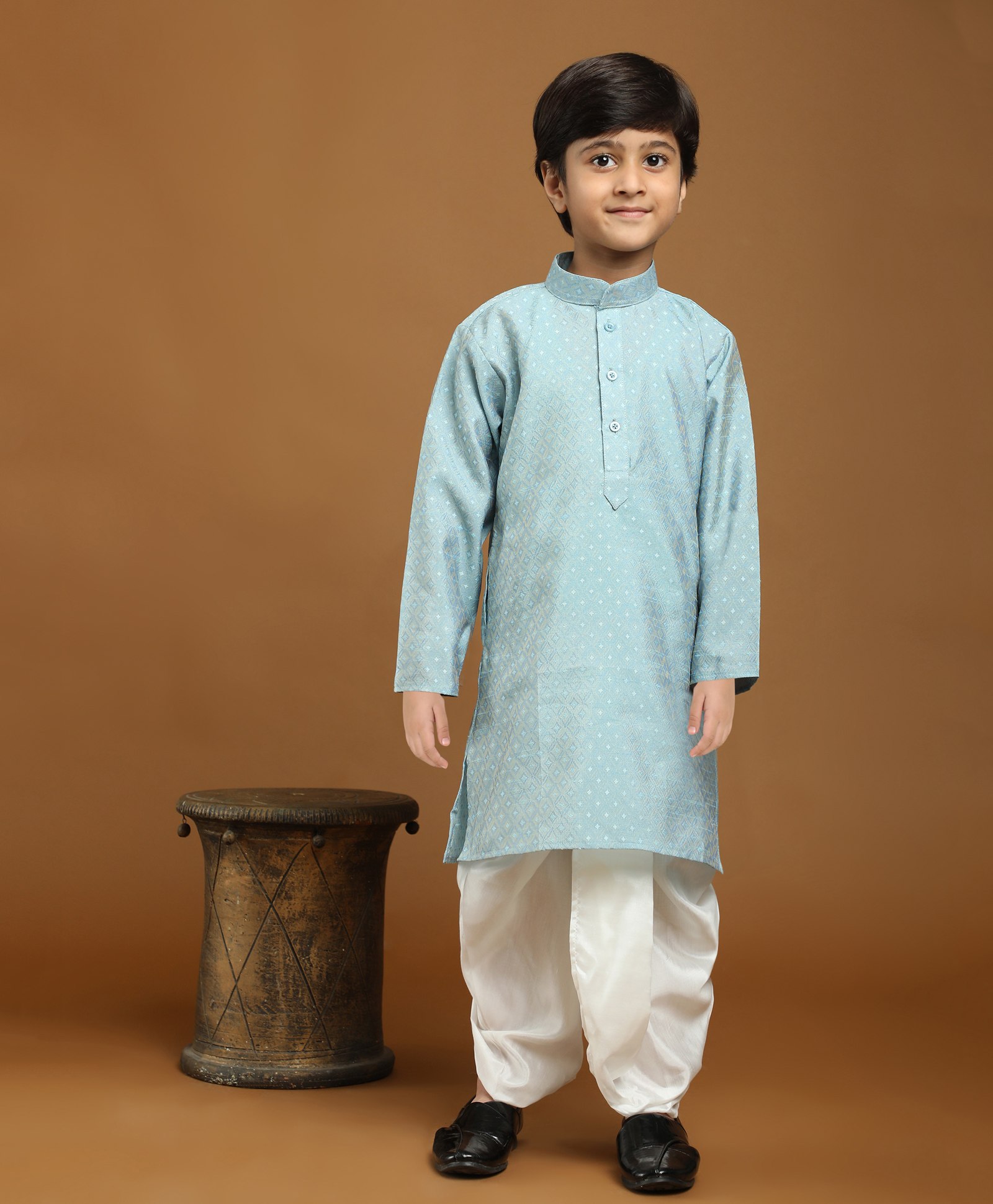 P-MARK Full Sleeves Sramless Intricate Diamon Self Designed Kurta With Dhoti - Ferozi Blue-picture-24