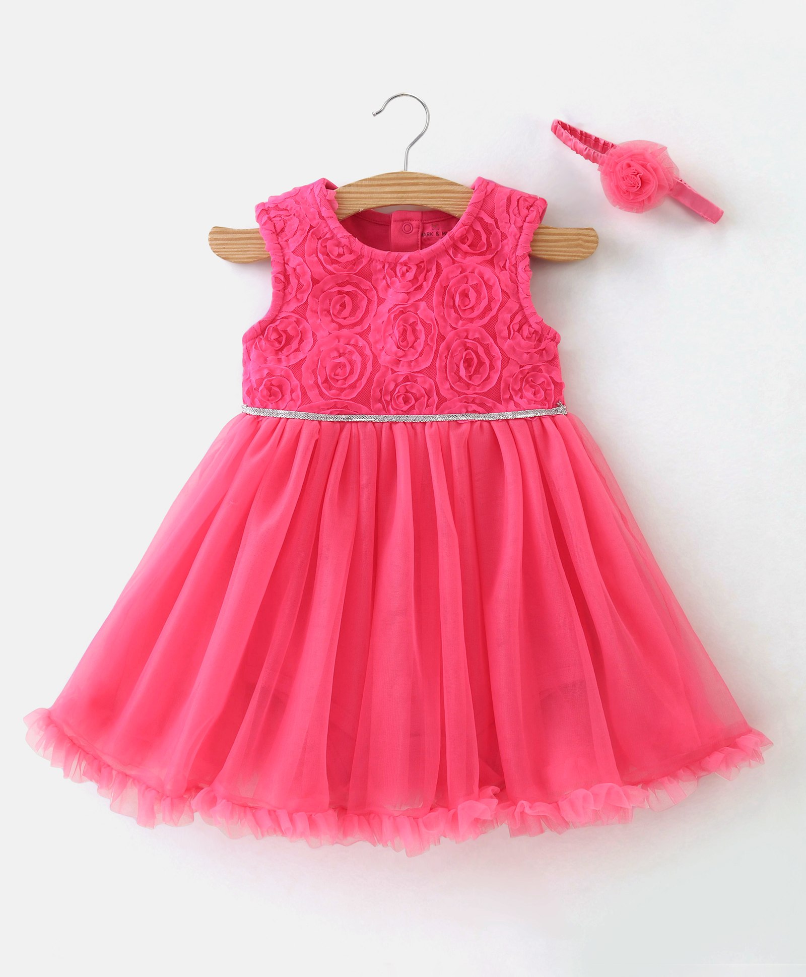 Mark & Mia Sleeveless Sleeveless Frock Style Onesie with Floral Lace Detailing & Headband - Pink-image-16