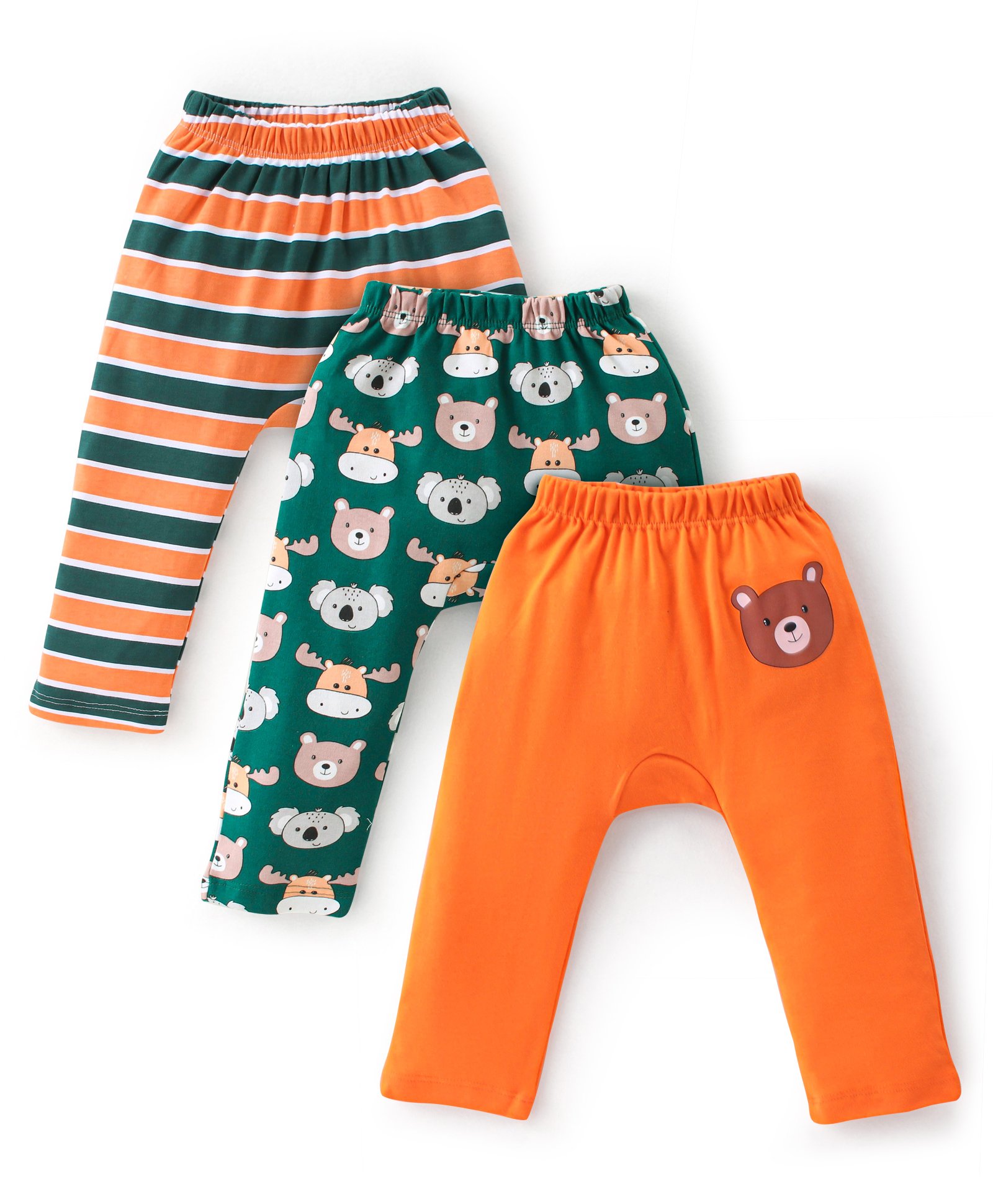 Babyhug Cotton Knit Full Length Striped & Koala Print Diaper Pants Pack of 3 - Orange & Green-image-11