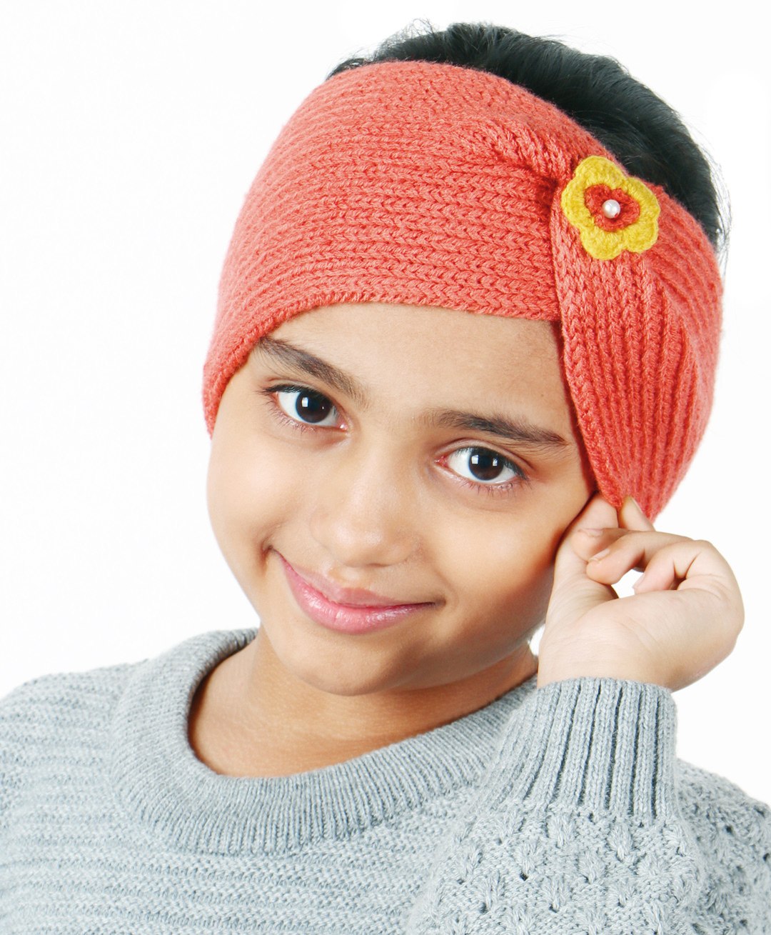 BHARATASYA Handknitted & Flower Detailed Woolen Ear Warmer Headband - Orange-image-0