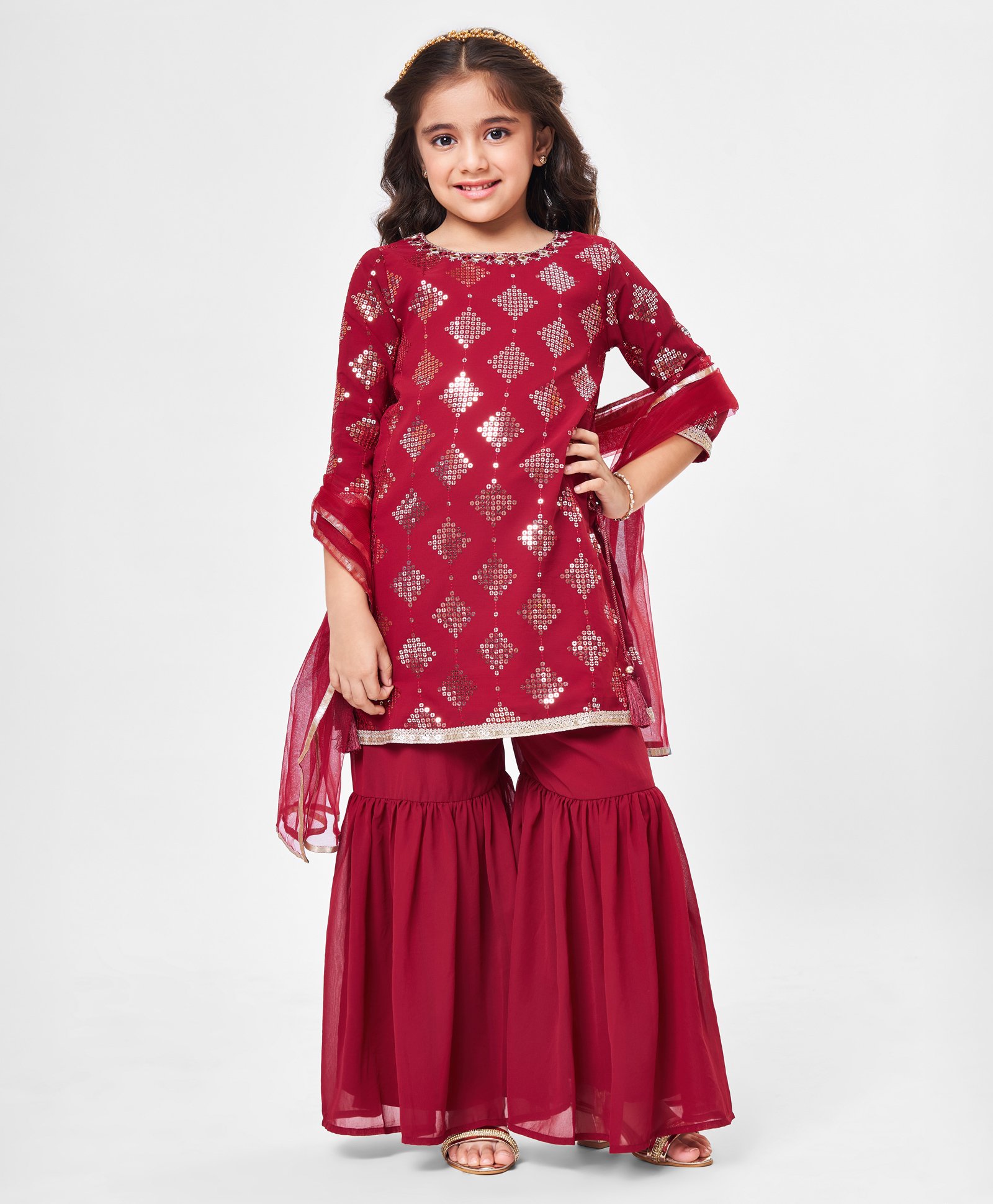 Babyhug Three Fourth Sleeve Sequined Kurti Palazo Set with Dupatta-Maroon-image-1