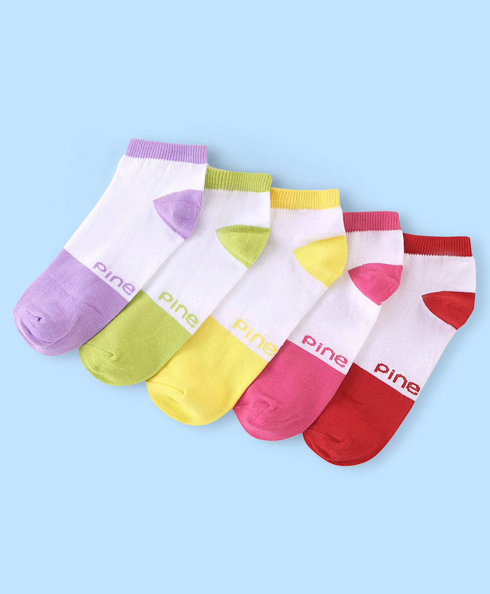 Pine Kids Low Ankle Length Socks Logo Design Pack of 5 - Purple Pink & Yellow-image-40