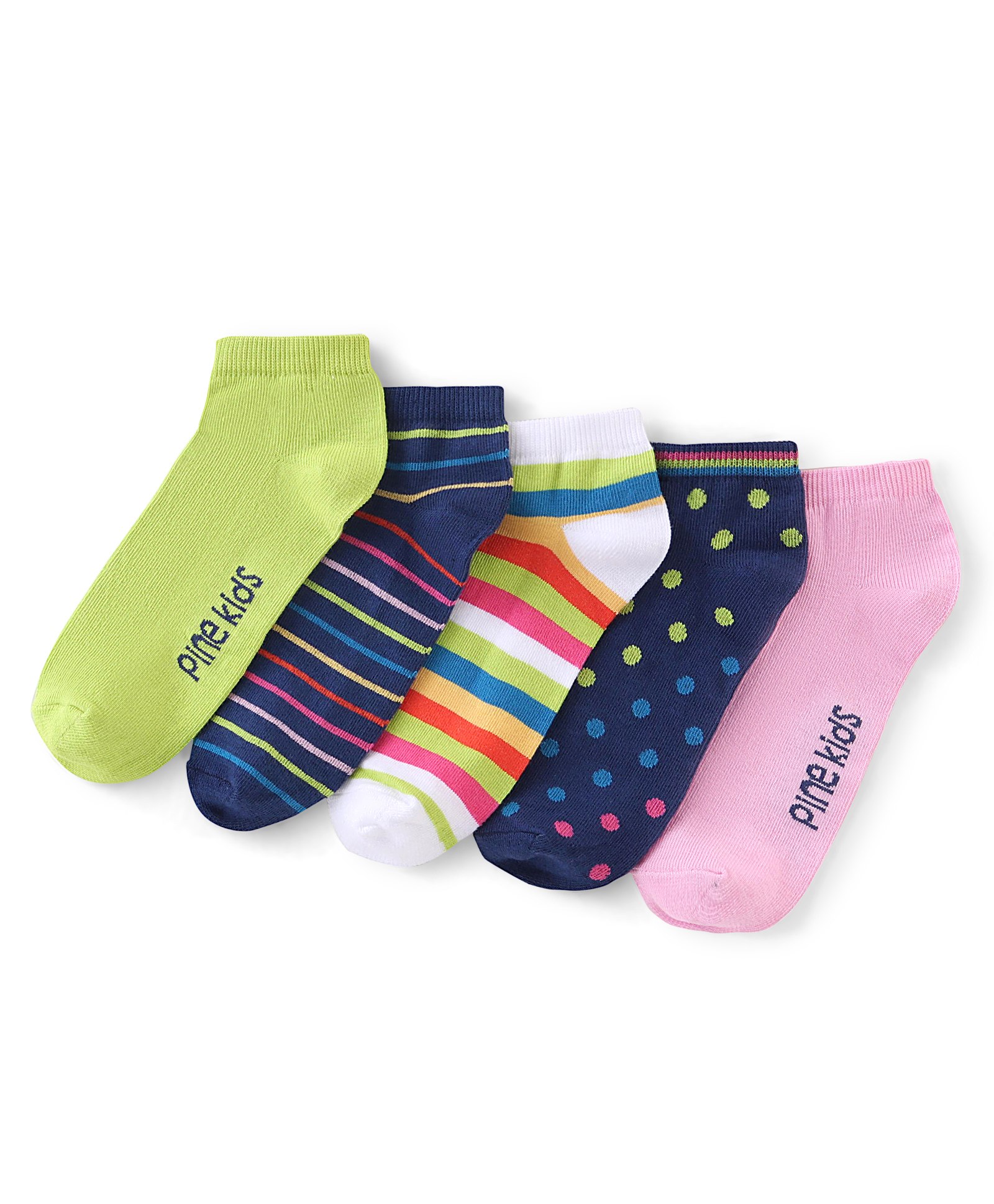 Pine Kids Cotton Spandex Knit Low Ankle Socks Stripes & Polka Dot Design Pack Of 5 - Green Blue & White-image-48