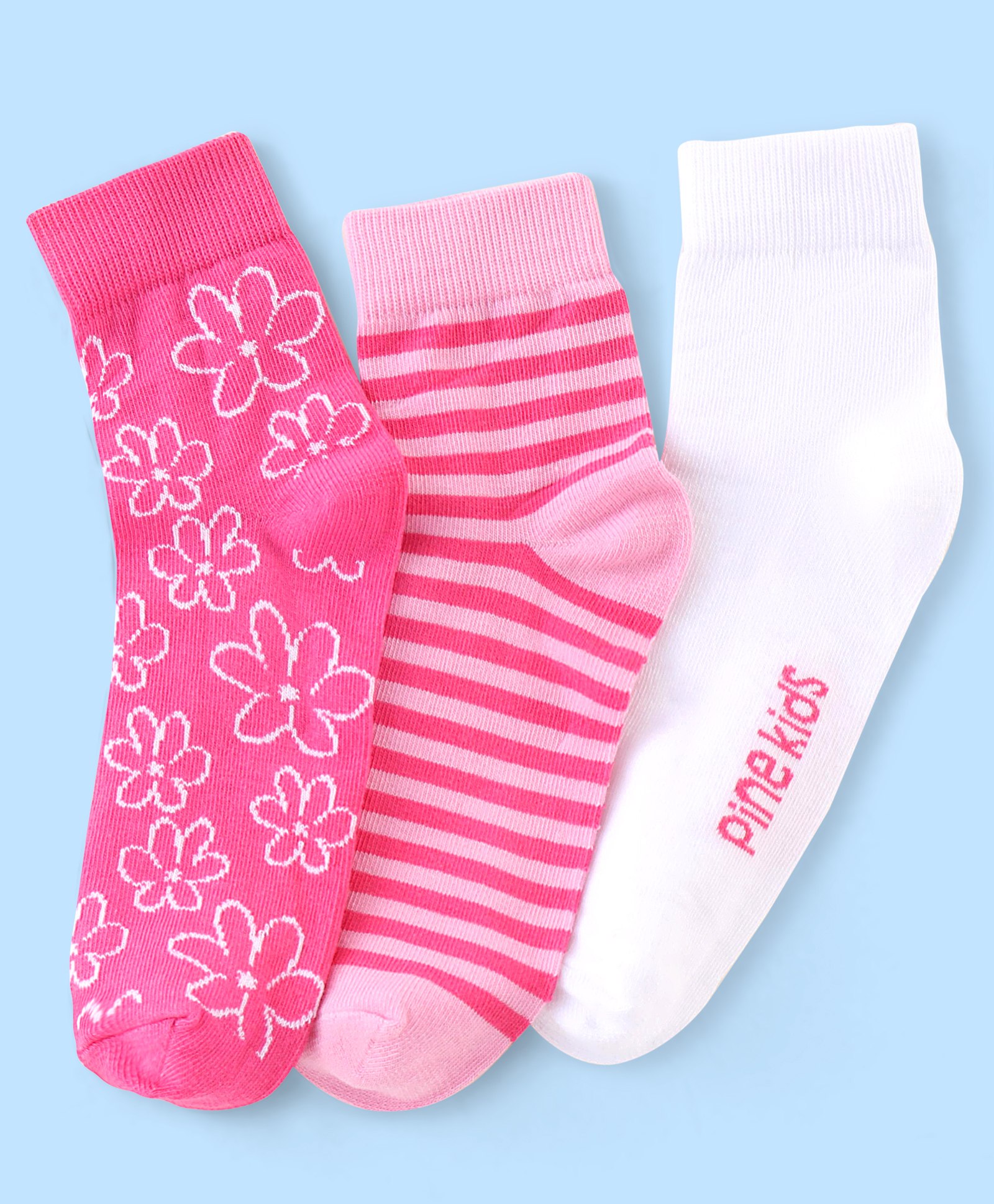 Pine Kids Cotton Spandex Knit High Ankle Socks Stripes & Floral Design Pack Of 3 - Pink & White-picture-28