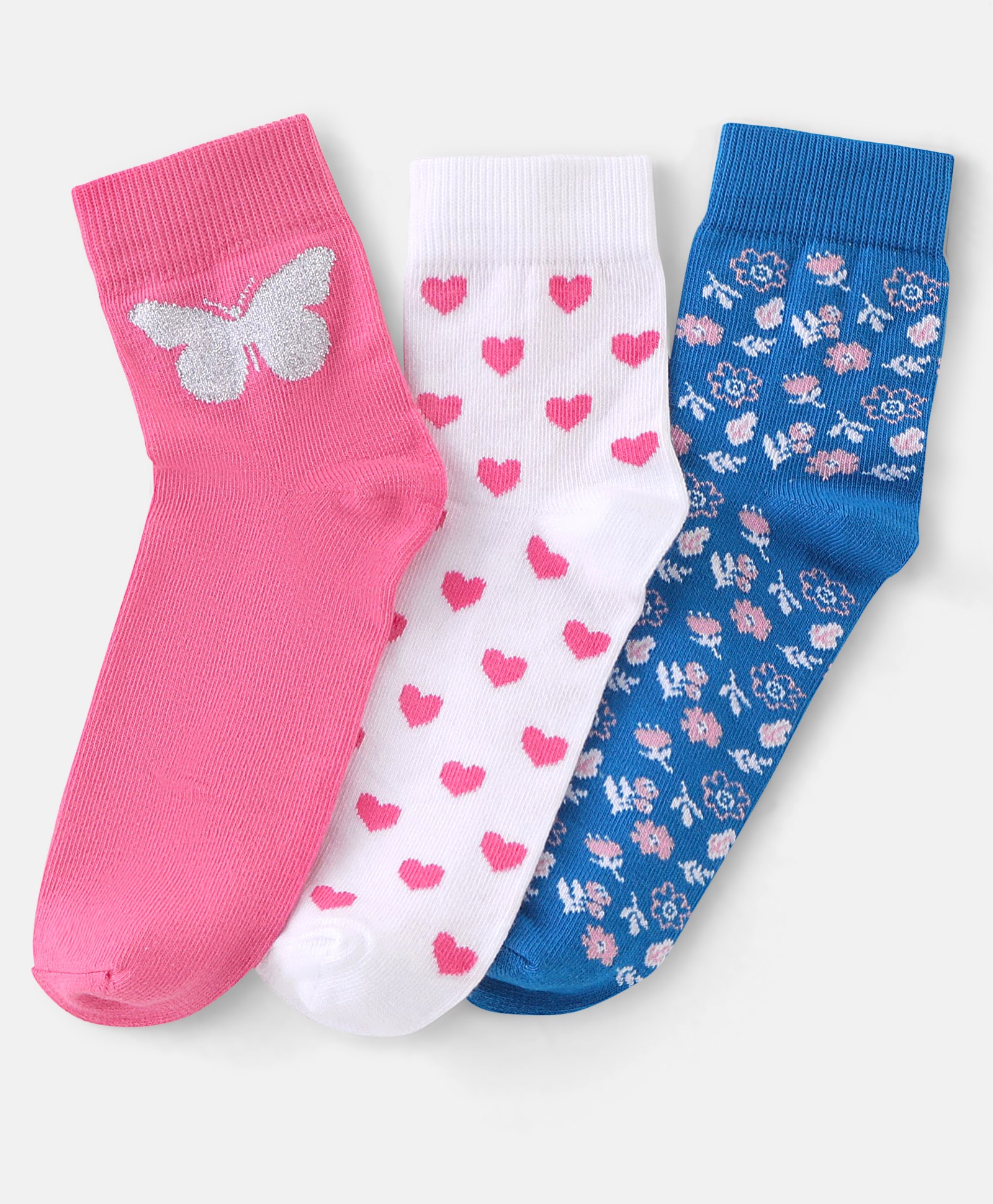 Pine Kids Cotton Spandex Knit High Ankle Socks Heart & Floral Design Pack Of 3 - Pink Blue & White-picture-28