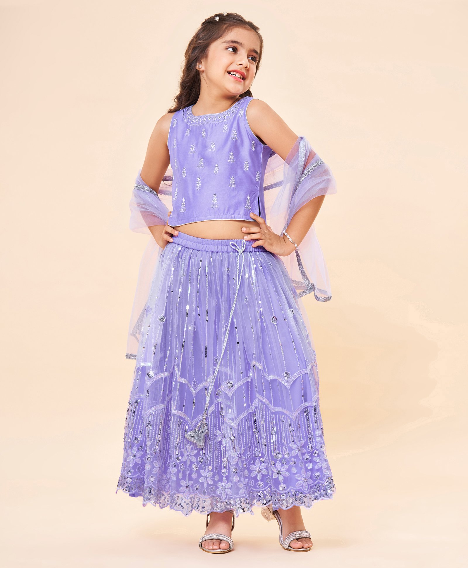 Babyhug Sleeveless Sequenced Embroidered Choli with Sequenced Embroidered Lehenga & Dupatta - Lavender-image-46