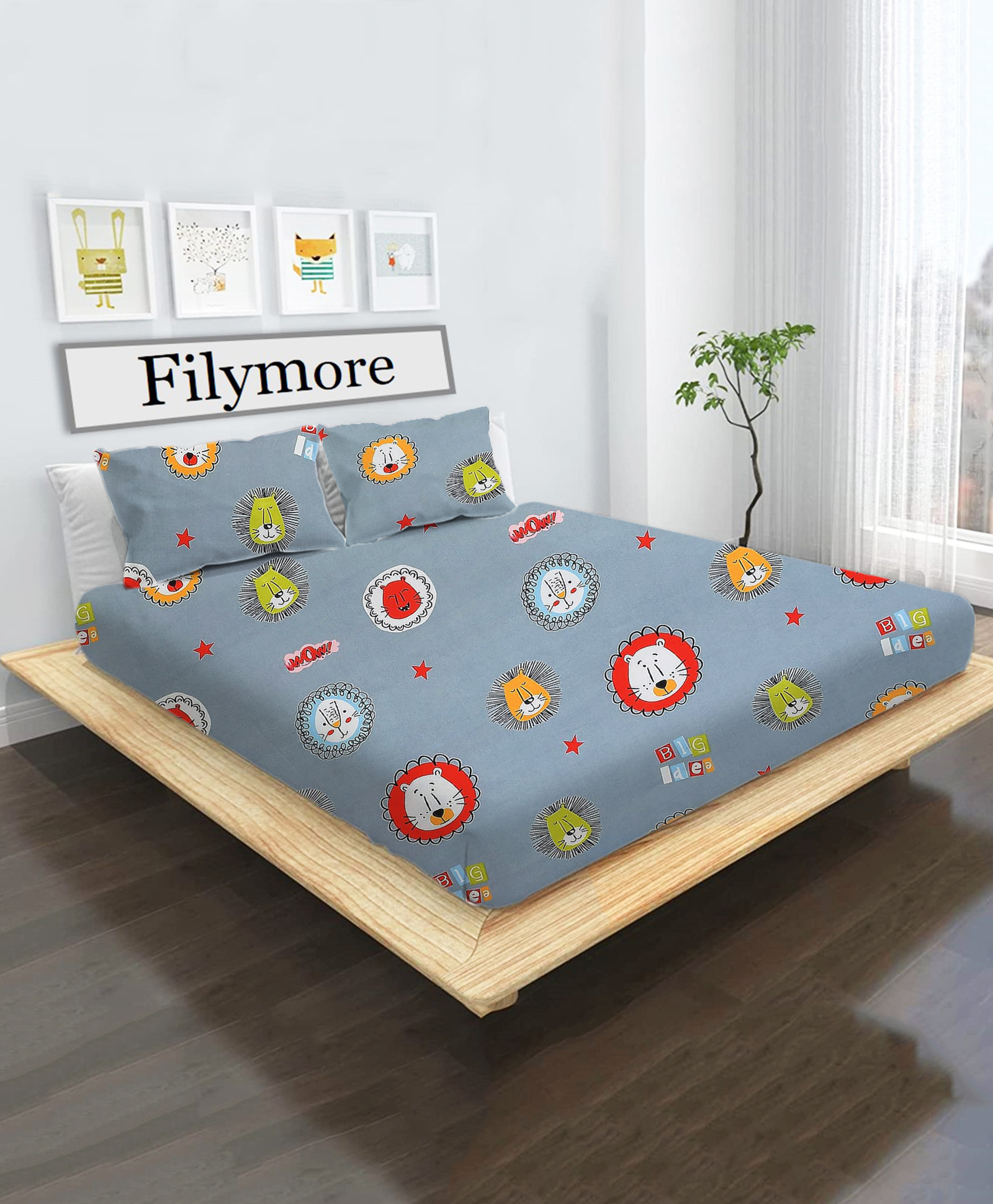 Filymore Lion Printed Double Bedsheet with 2 Pillow Cover - Dark Grey-image-5