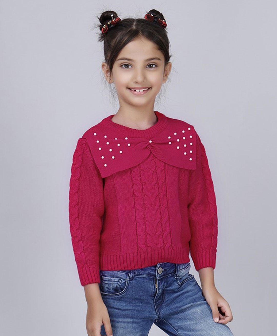 JoE Hazel Full Sleeves Pearl Detailed Bow Embellished  Pullover Sweater - Pink-picture-34