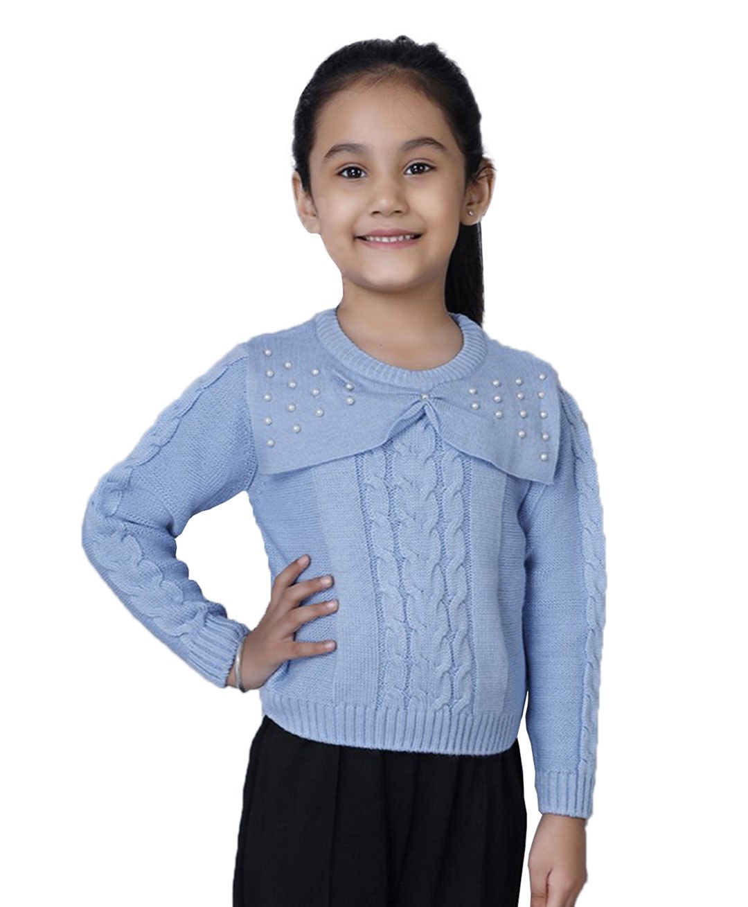JoE Hazel Full Sleeves Pearl Detailed Bow Embellished  Pullover Sweater  - Sky Blue-picture-12