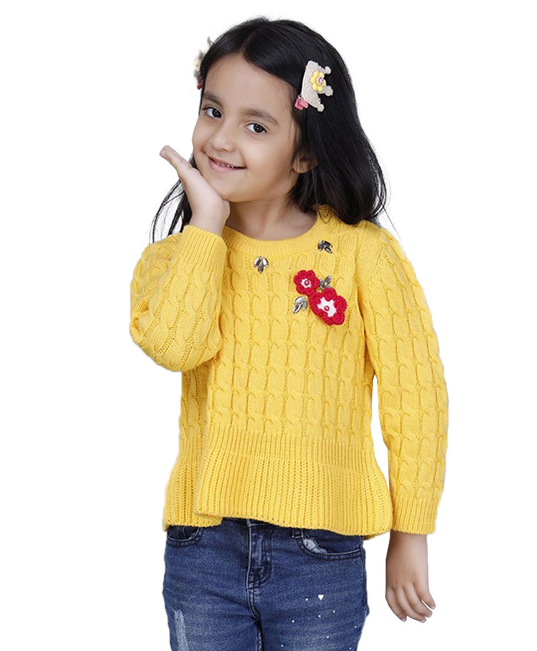 JoE Hazel Full Sleeves Daffodil Detailed Woven Design Pullover Sweater - Yellow-picture-22