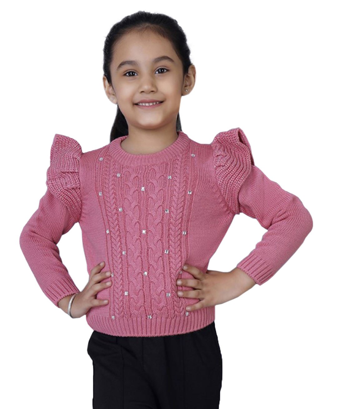 JoE Hazel  Butterfly Frill Shoulder Detailed Stone Embellished & Cable Knitted  Pullover Sweater - Pink-picture-26