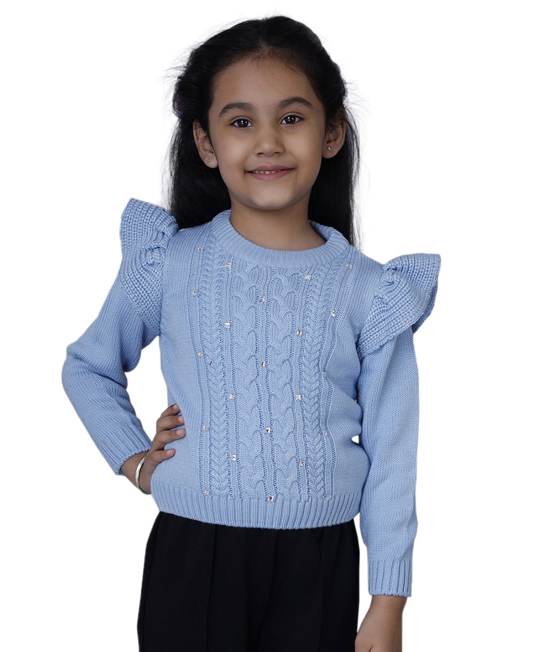 JoE Hazel Butterfly Frill Shoulder Detailed Stone Embellished & Cable Knitted Pullover Sweater - Sky Blue-picture-24
