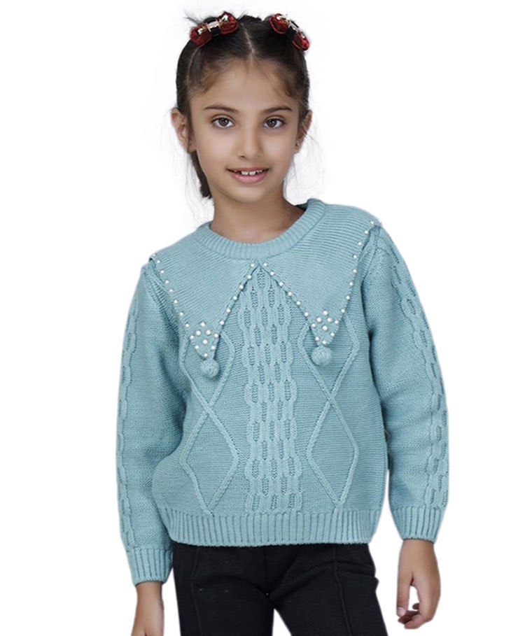 JoE Hazel Full Sleeves Peter Pan Collar Pearl Embellished & Wooven Detailed  Pullover Sweater - Aqua Blue-picture-27