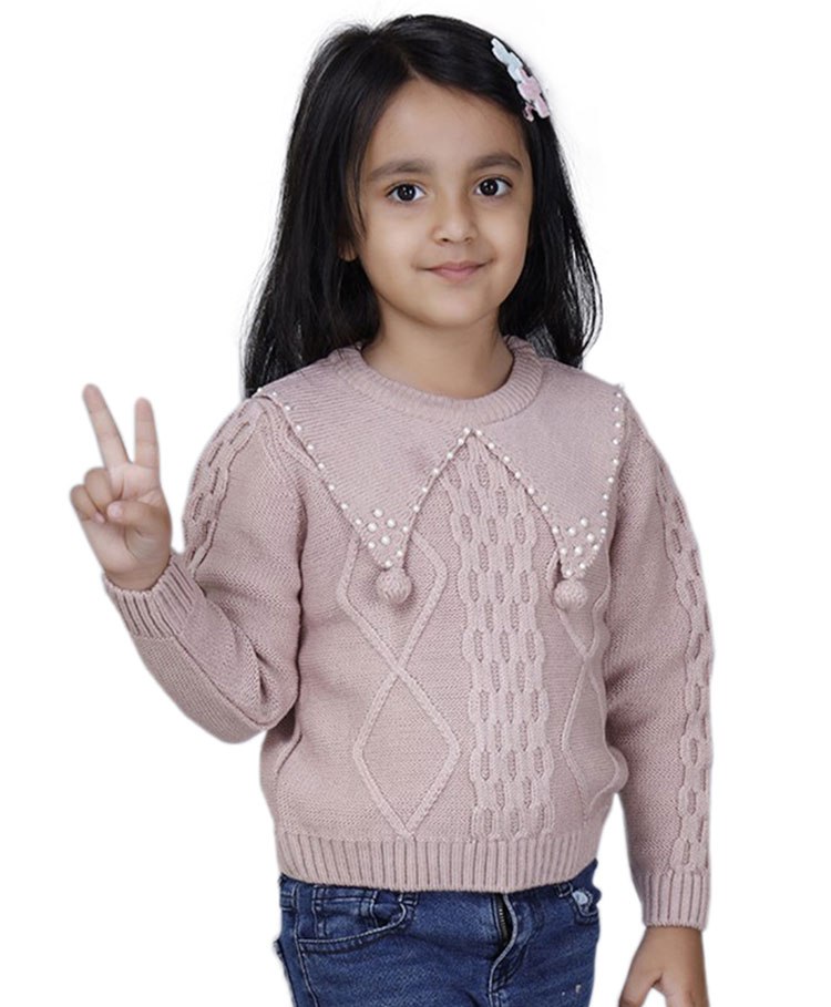 JoE Hazel Full Sleeves Peter Pan Collar Pearl Embellished & Wooven Detailed  Pullover Sweater - Onion Pink-picture-12