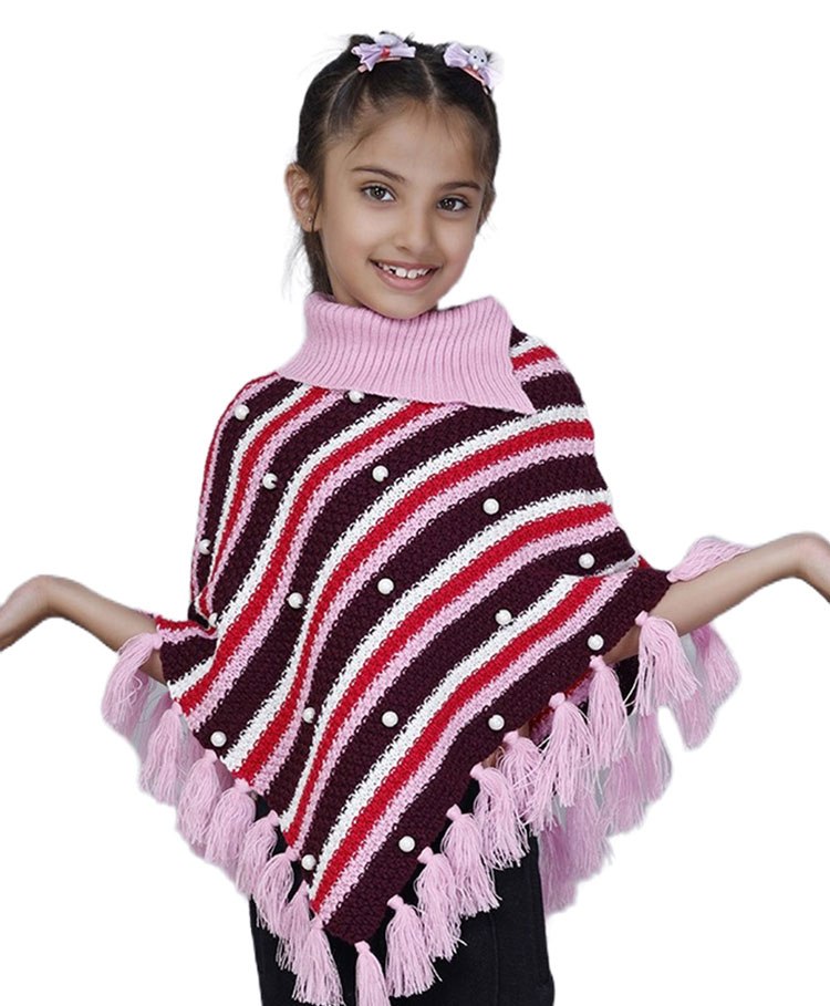 JoE Hazel Three Fourth Sleeves Striped Pattern Designed & Pearl Embellished Kaleidoscopic Poncho Sweater - Light Pink-image-12