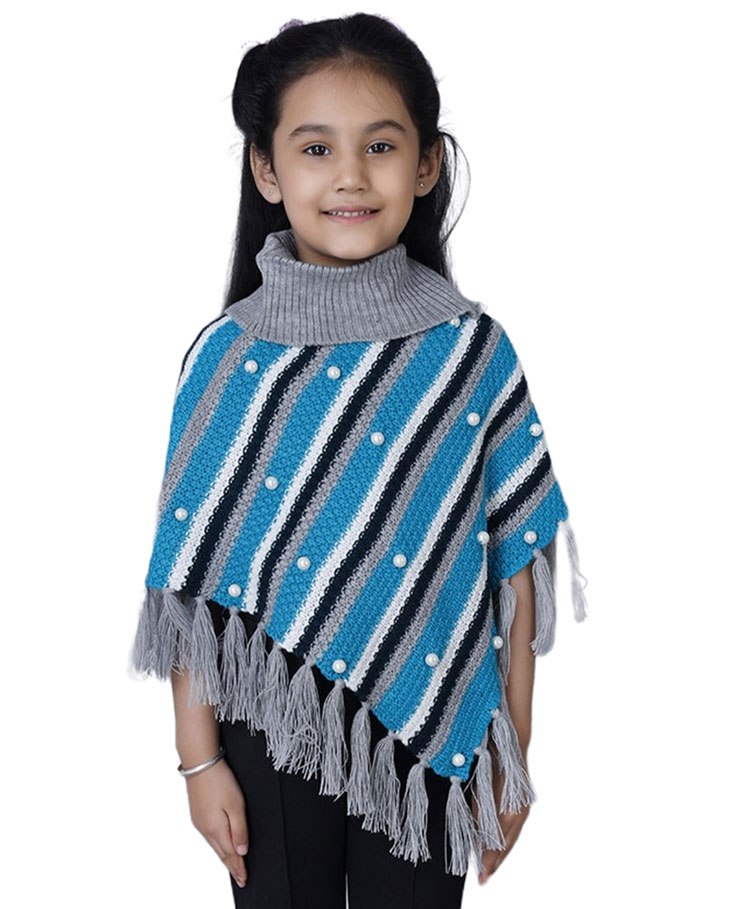 JoE Hazel Three Fourth Sleeves Striped Pattern Designed & Pearl Embellished Kaleidoscopic Poncho Sweater - Light Grey-image-47