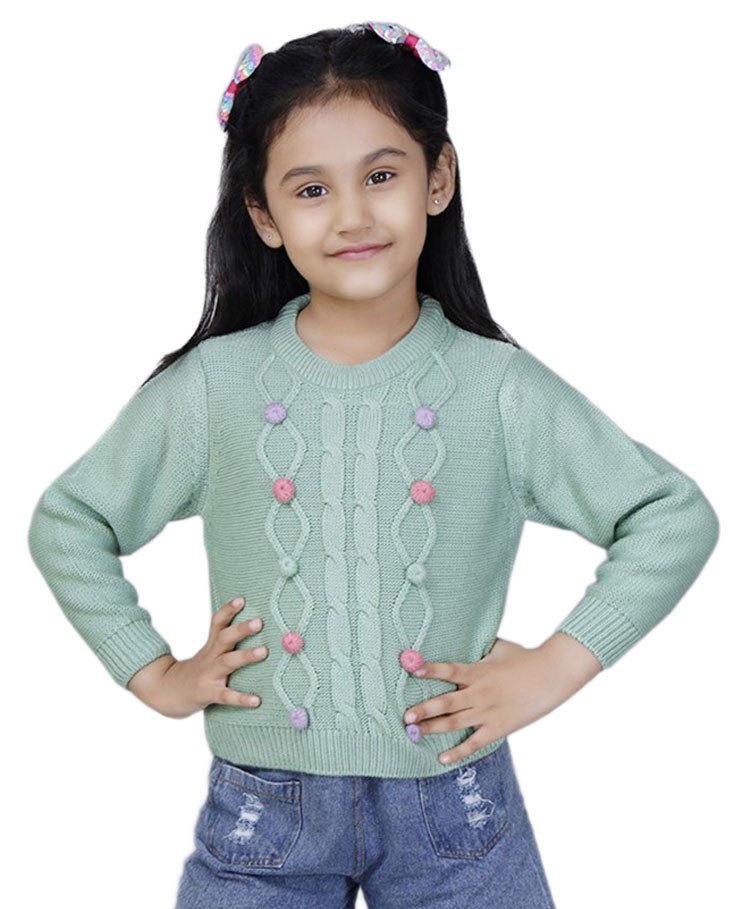 JoE Hazel Full Sleeves Woven Design Detailed Bobbles Jumper Sweater - Sea Green-picture-28