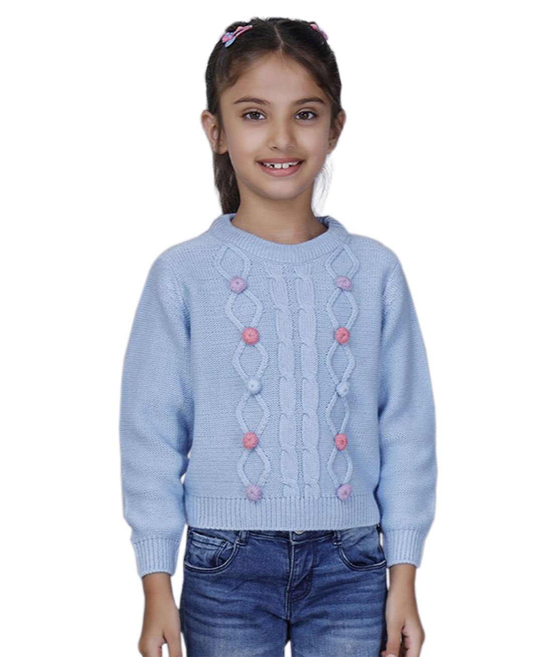JoE Hazel Full Sleeves Woven Detailed Bobbles Jumper Sweater - Sky Blue-picture-15