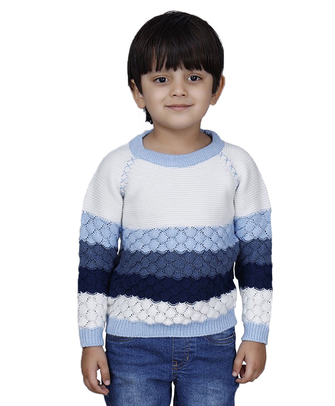 JoE Hazel Full Sleeves Woven Design Detailed Colour Blocked Sweater - Sky Blue & White-picture-22