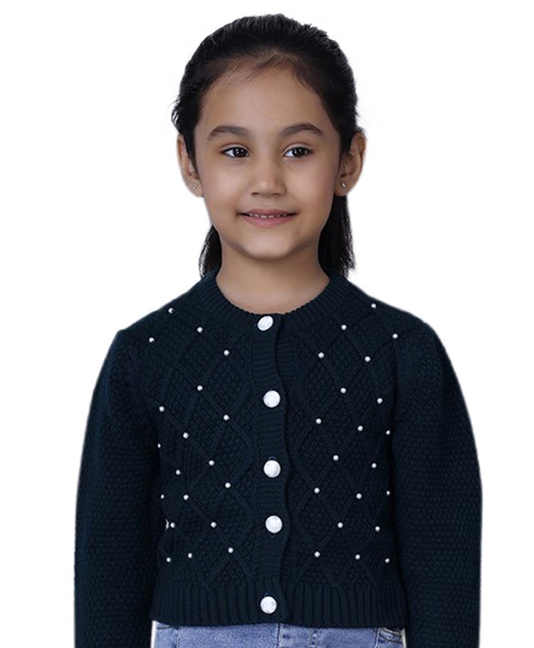 JoE Hazel Full Sleeves Pearl Embellished Wooven Detailed  Cardigan -  Navy Blue-picture-29