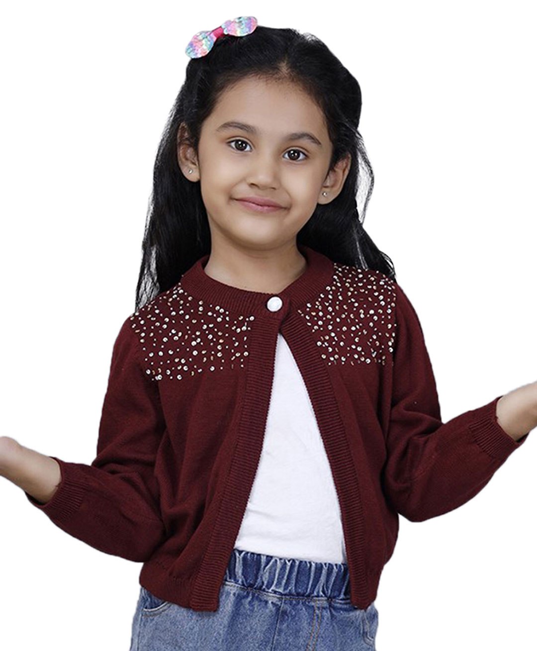 JoE Hazel Full Sleeves Sequin Embellished Starry Cardi Sweater - Maroon-picture-19