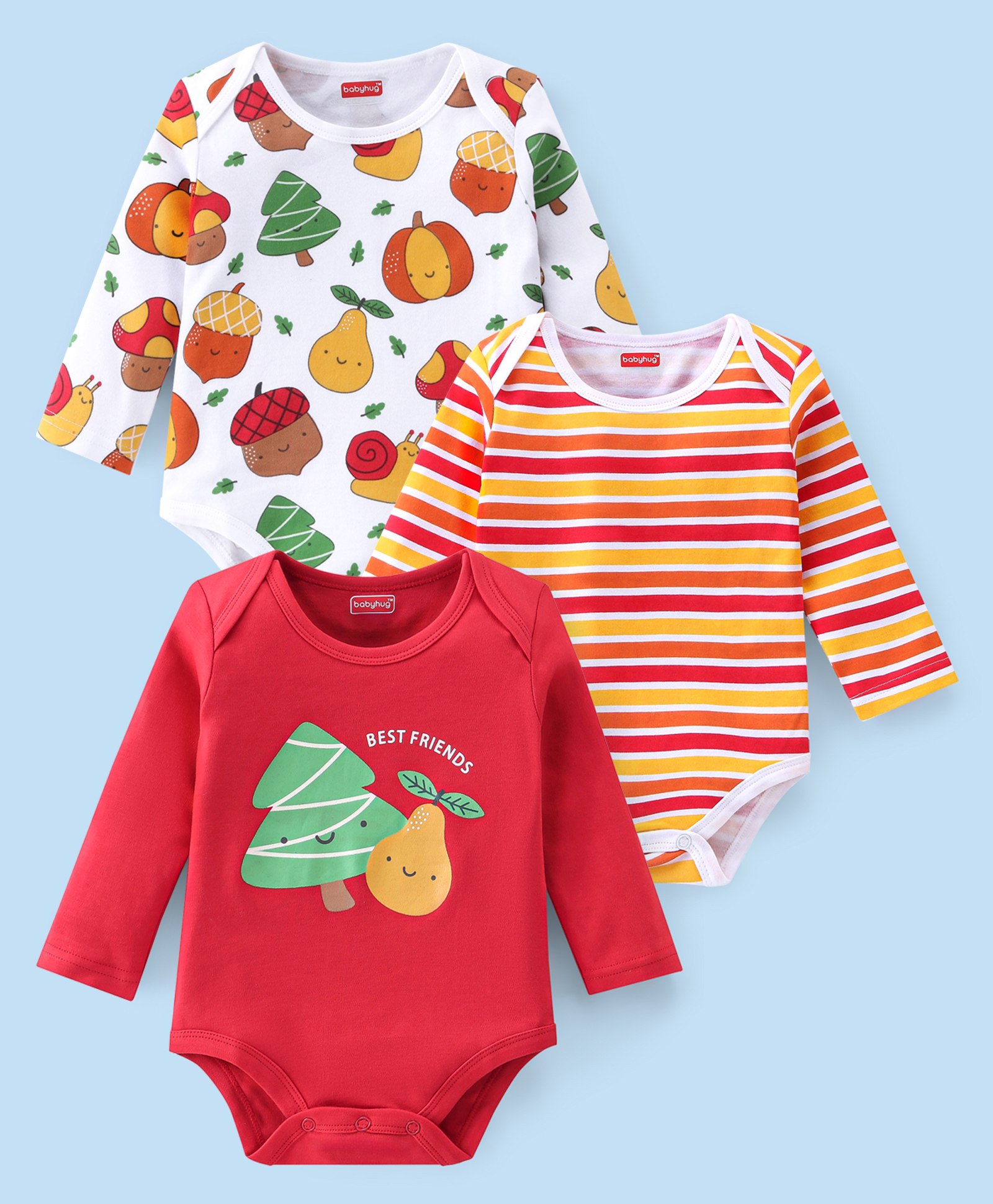Babyhug 100% Cotton Knit Full Sleeves Fruity Printed Onesies Pack of 3 - Multicolour-image-5