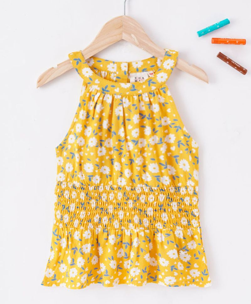 Ed-a-Mamma Sleeveless Floral Print Halter Neck Detail Smocked Top - Yellow-picture-26