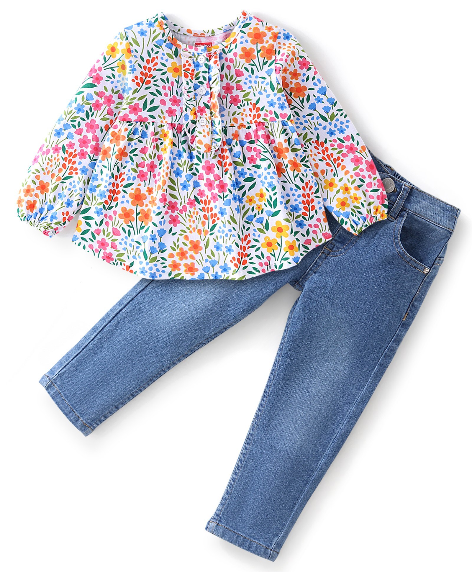 Babyhug 100% Cotton Knit Full Sleeves Top & Jeans With Floral Print - White & Blue-image-35