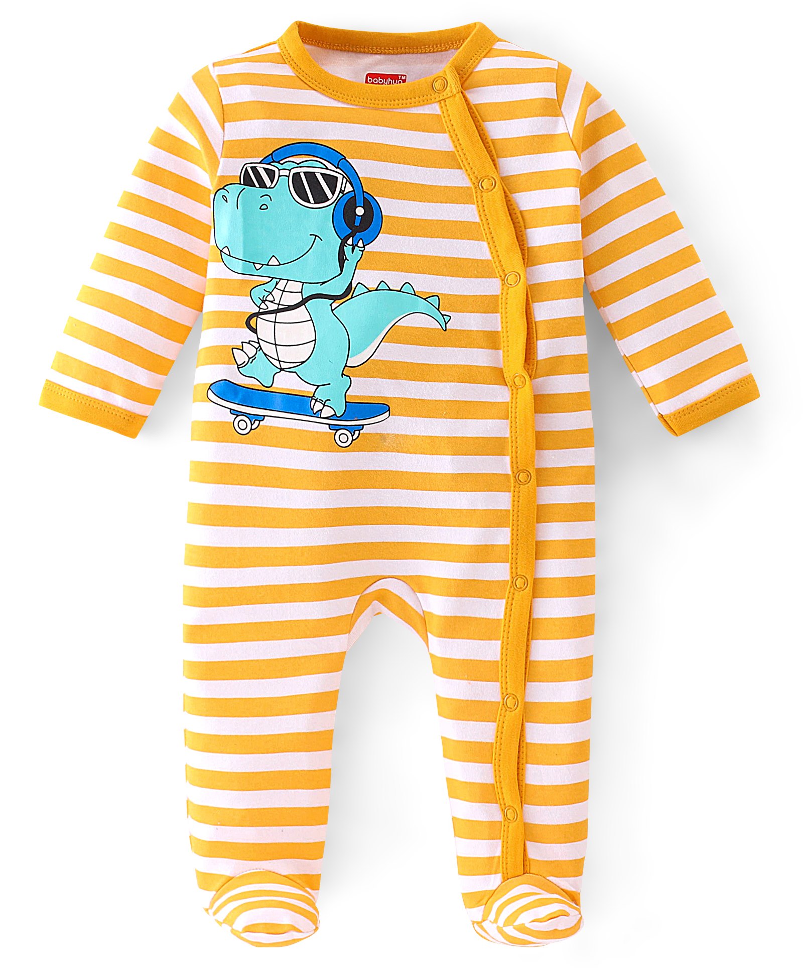 Babyhug Cotton Knit Full Sleeves Footed Sleep Suit Dino Print & Striped - Yellow-image-39