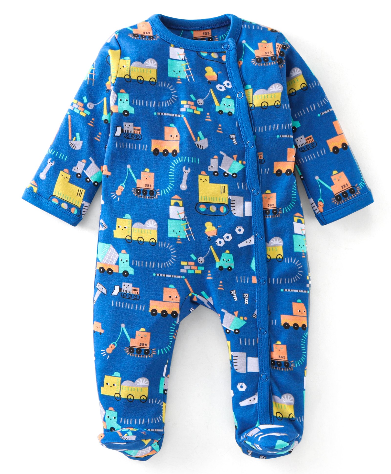 Babyhug Cotton Knit Full Sleeves Construction Vehicles Printed Footed Sleep Suit - Blue-image-27