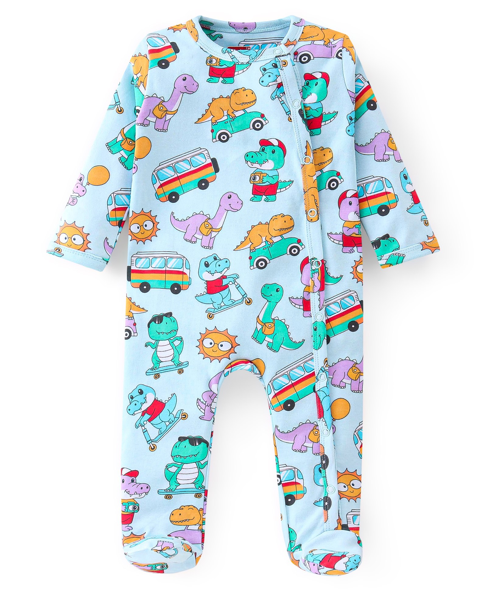 Babyhug Cotton Interlock Knit Full Sleeves Footed Sleep Suit Dino Print - Blue-image-6