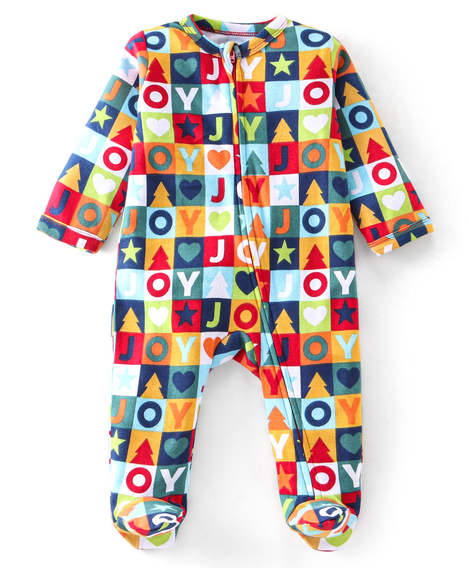 Babyhug Cotton Knit Full Sleeves Text Printed Footed Sleep Suit - Multicolour-image-35