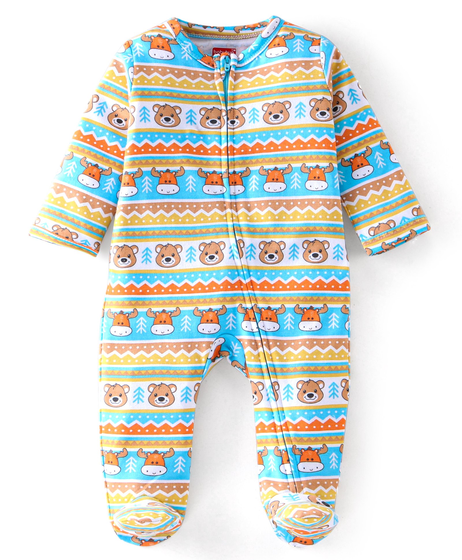 Babyhug Cotton Knit Full Sleeves Footed Sleep Suit Animals Print - Blue & Brown-image-15