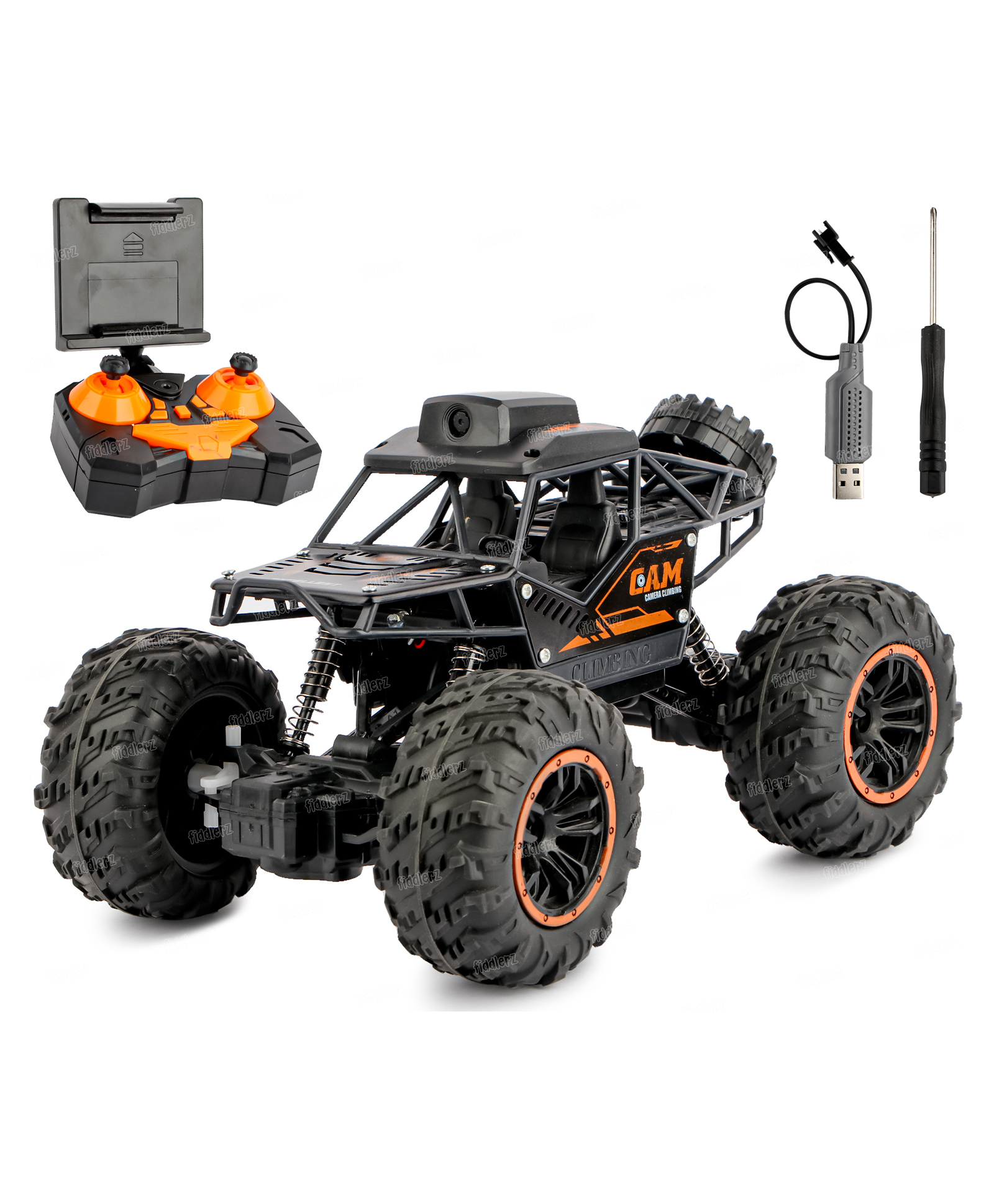 Fiddlerz Remote Control Car With 480P Camera, 2.4 Ghz High Speed Alloy Truck 4WD RC Rock Crawler Car - Black-image-10