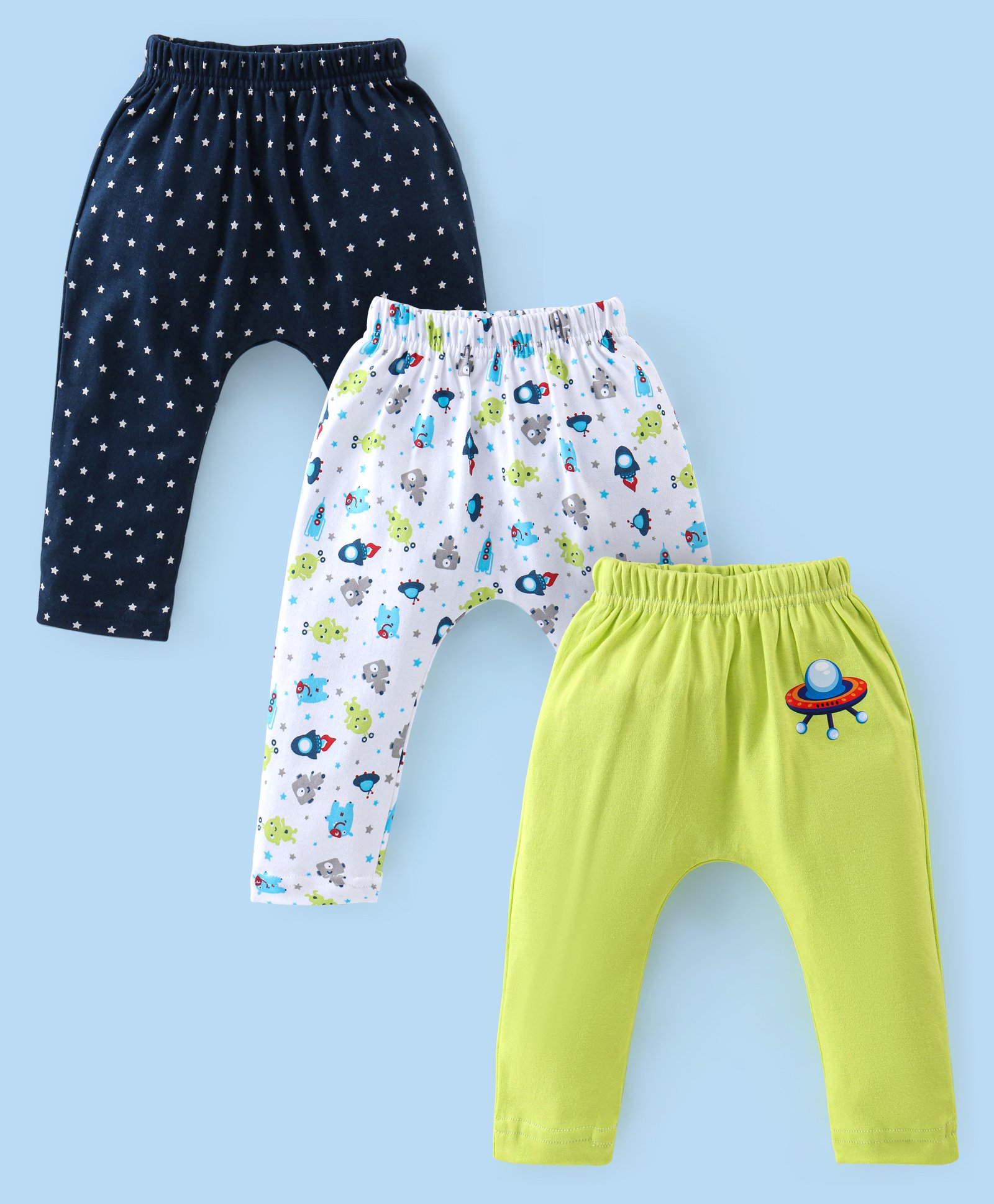 Babyhug Cotton Knit Full Length Robo & Stars Printed Diaper Pants Pack of 3 - Multicolour-image-24