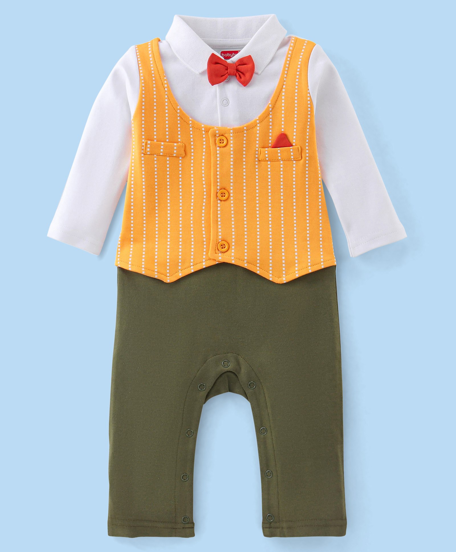 Babyhug Cotton Knit Full Sleeves Striped Party Romper with Bow Tie - Yellow & Green-image-39