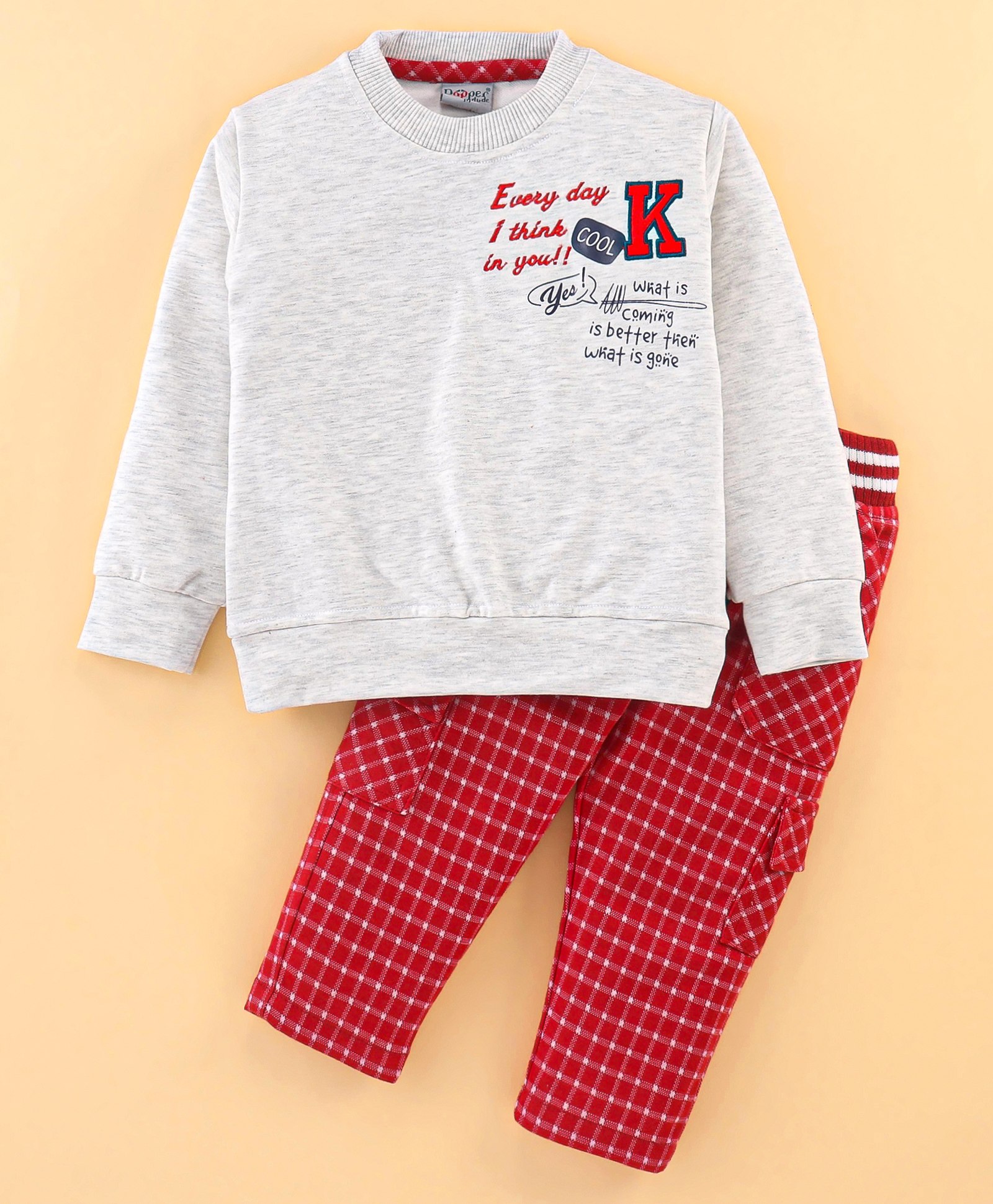 Dapper Dudes Full Sleeves Placement Text Sweatshirt With Checked Cargo Pant - Grey-image-8